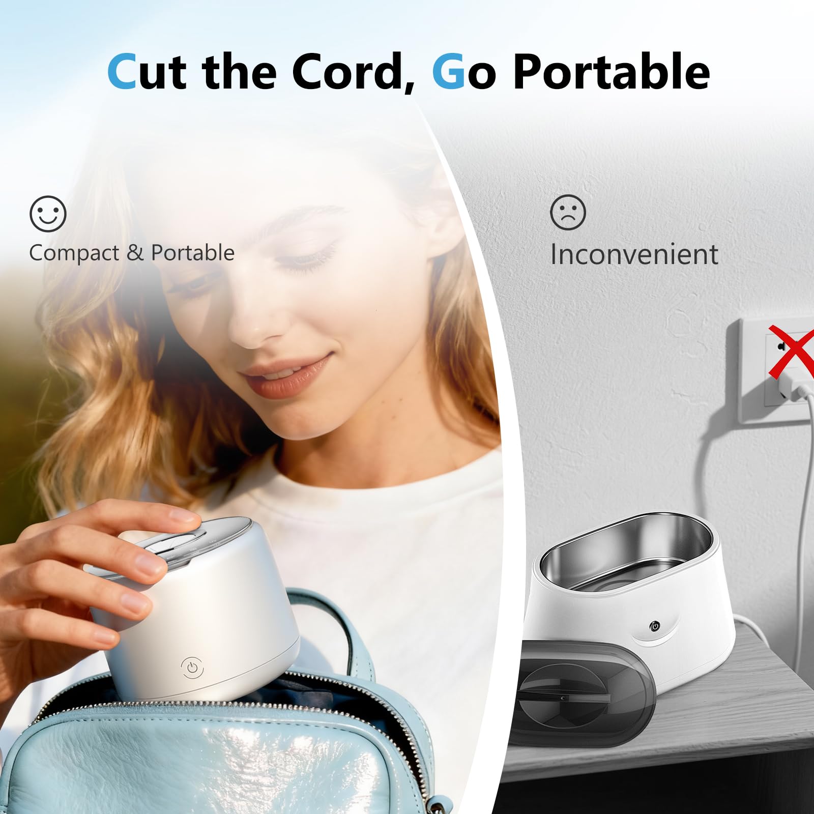 Máquina limpiadora ultrasónica recargable, 46 kHz, cápsula de limpieza dental portátil para protectores bucales nocturnos, frenos, joyas, alineador, batería de 2500 mAh para viajes y hogar