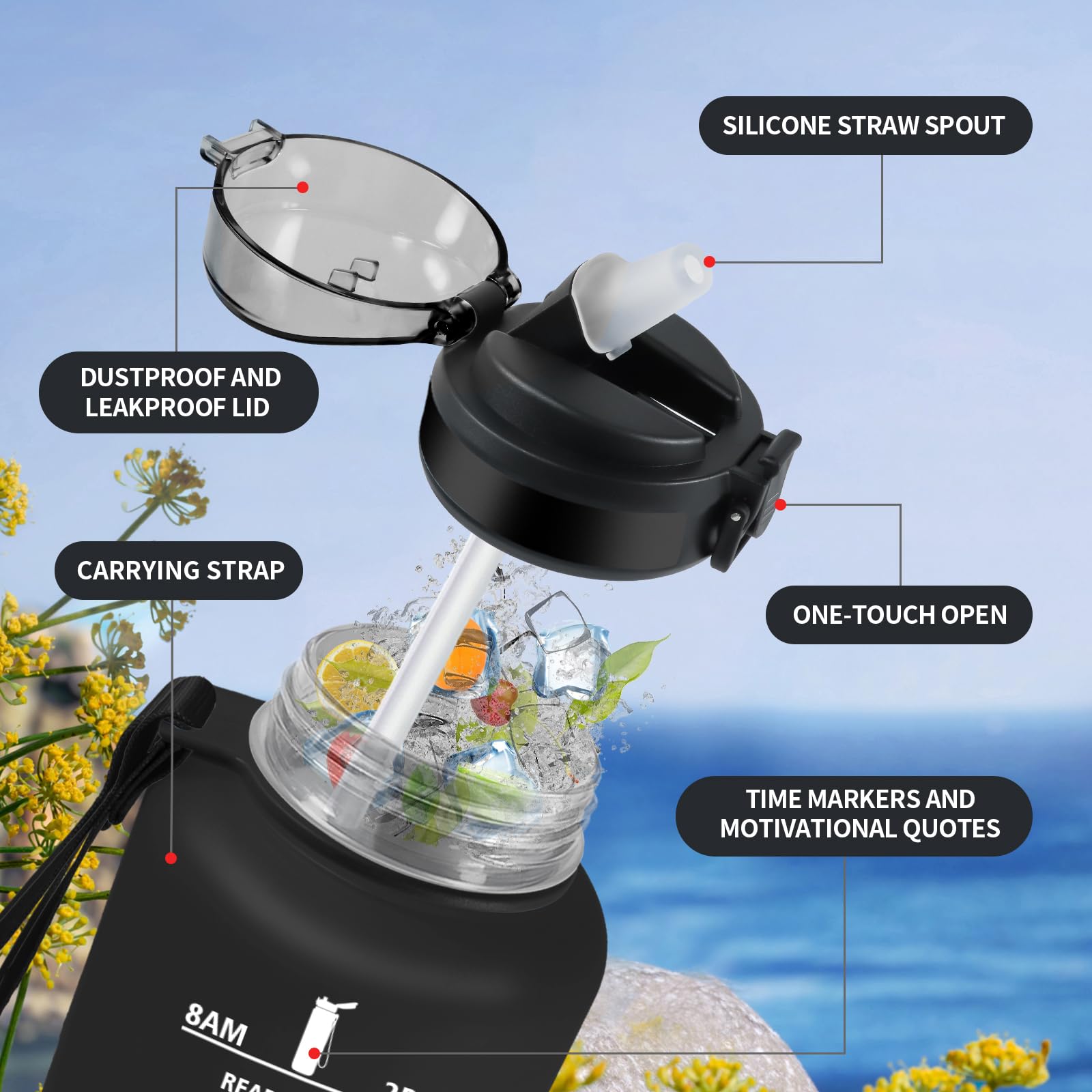 Borraccia Motivazionale 1,5L, Bottiglia Riutilizzabile, Facile da Aprire, Borraccia Sportiva con Cannuccia, Borraccia Palestra con Indicatore del Tempo, Borracce per Lavoro, Escursionismo, Yoga