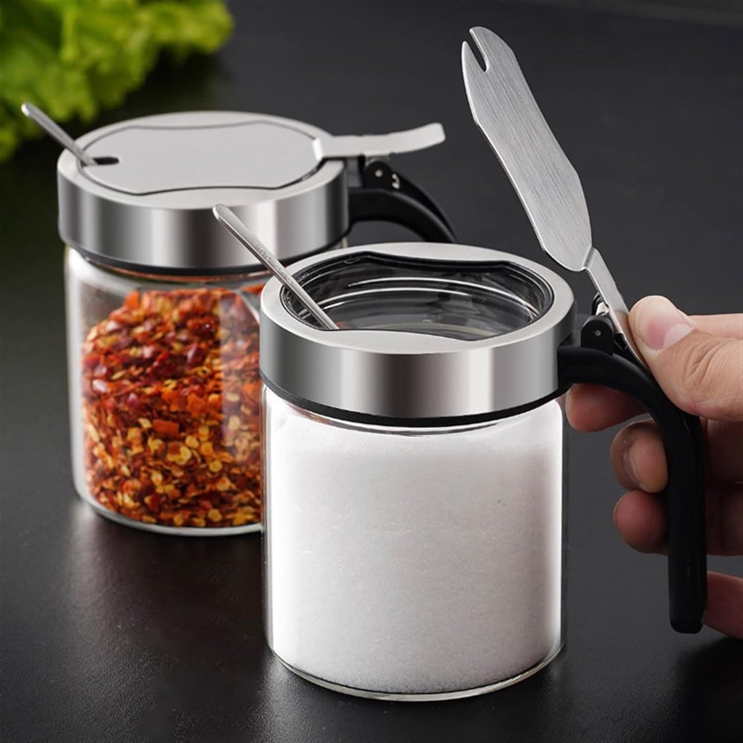 Spice boxs Glass Stainless Steel Spices Bottle Kitchen Sugar Salt Storage Jars New Condiment Container Seasoning Box with Spoon 1Pc(450ml)
