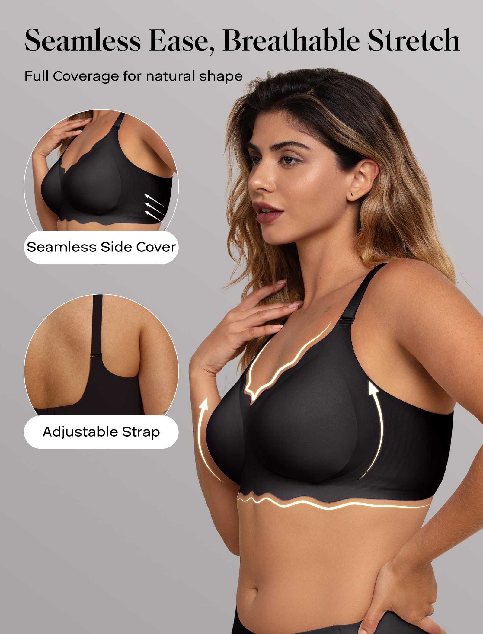 COMFELIE Brasier sin costuras para mujer, cobertura completa, sin aros, cuello en V profundo, espalda en U y ribete de encaje
