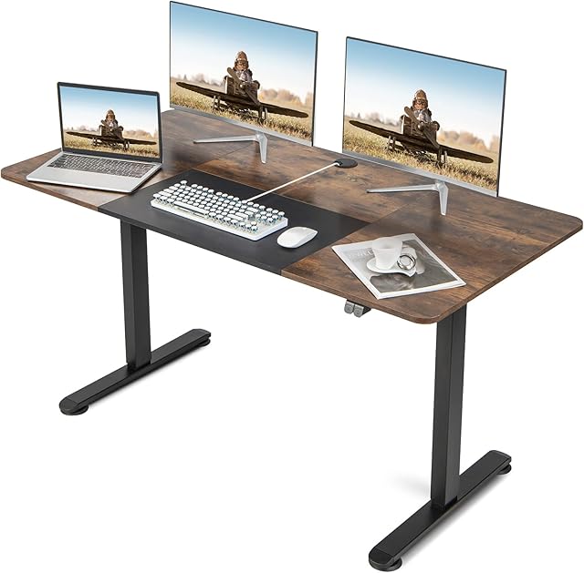 COSTWAY Biurko 140 x 70 cm z elektryczną regulacją wysokości, do pracy na stojąco, z mechanizmem zatrzymującym, uchwyt na kabel i haczyk, biurko komputerowe do domowego biura i biura (vintage)