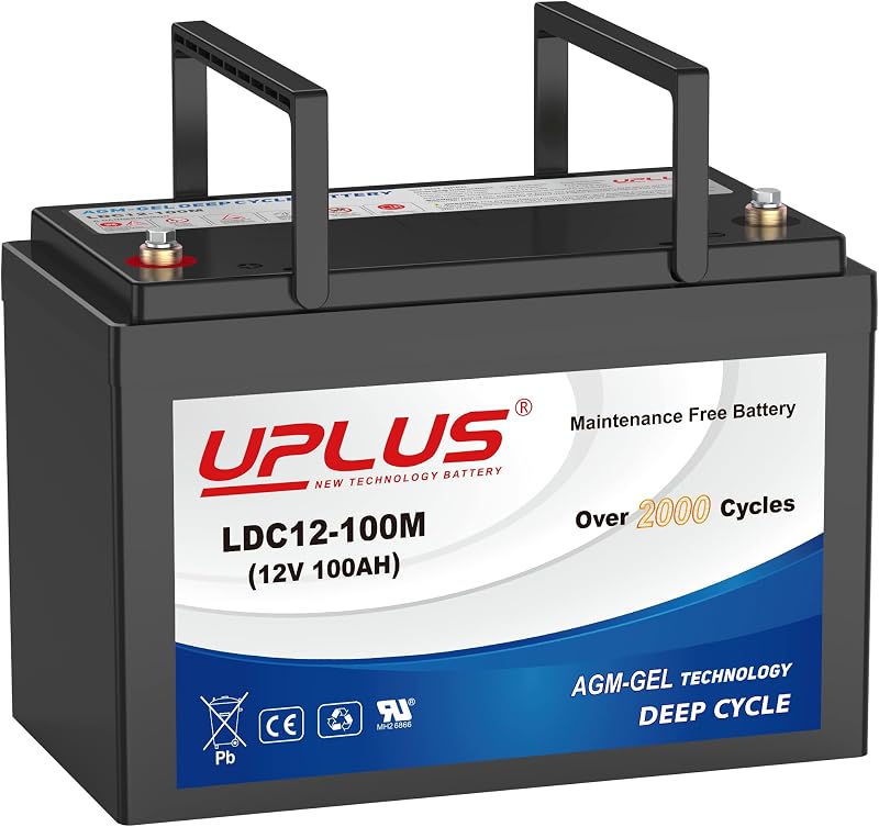 Batería de ocio de ciclo profundo UPLUS 12V 100Ah LDC12-100M Grupo 27 Tamaño | Baterías de respaldo recargables y sin mantenimiento de gel híbrido AGM para motor solar, RV, camping y pesca con curricán