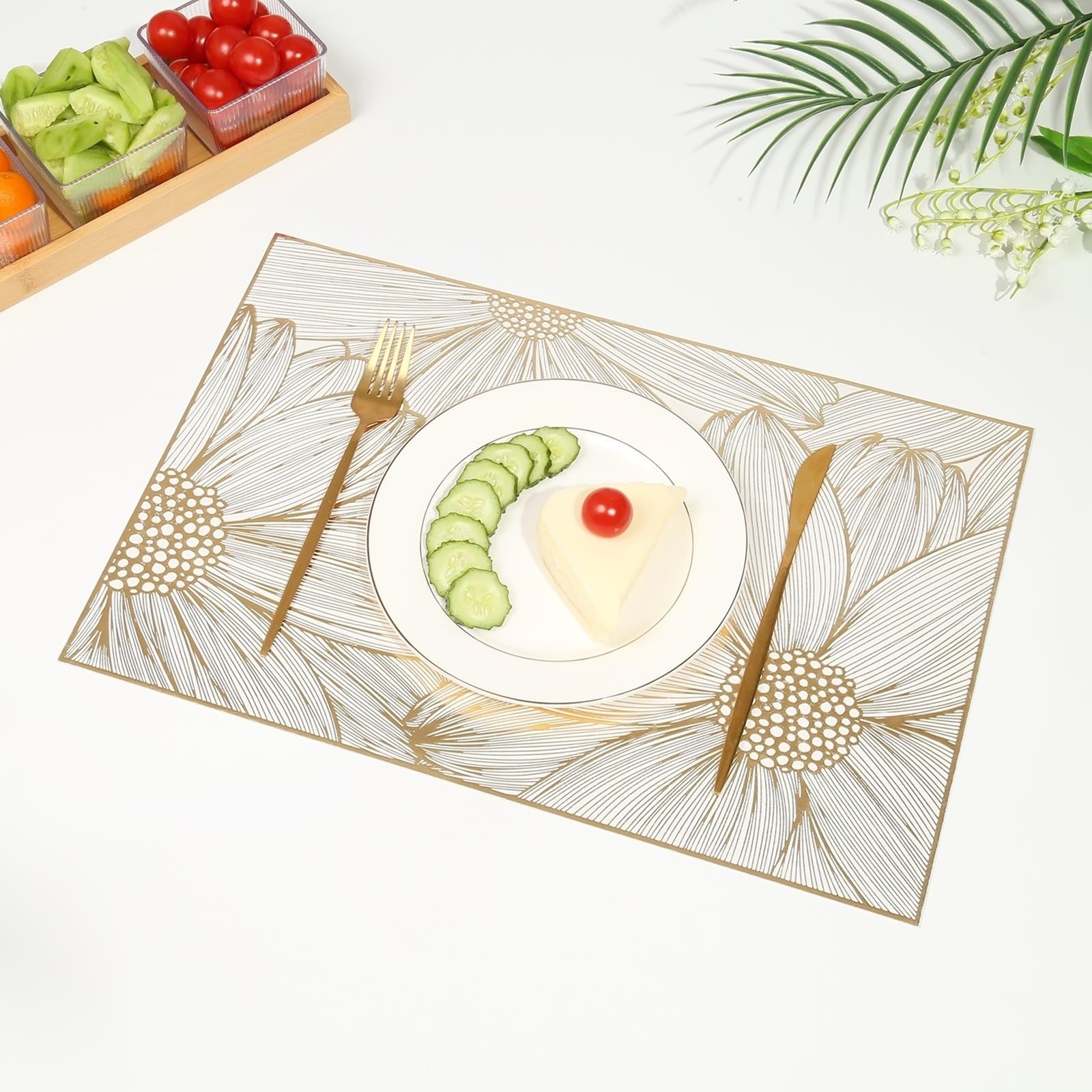 Placemat Juego de 10 salvamanteles dorados con estructura floral 30 x 45 cm para cocina y comedor