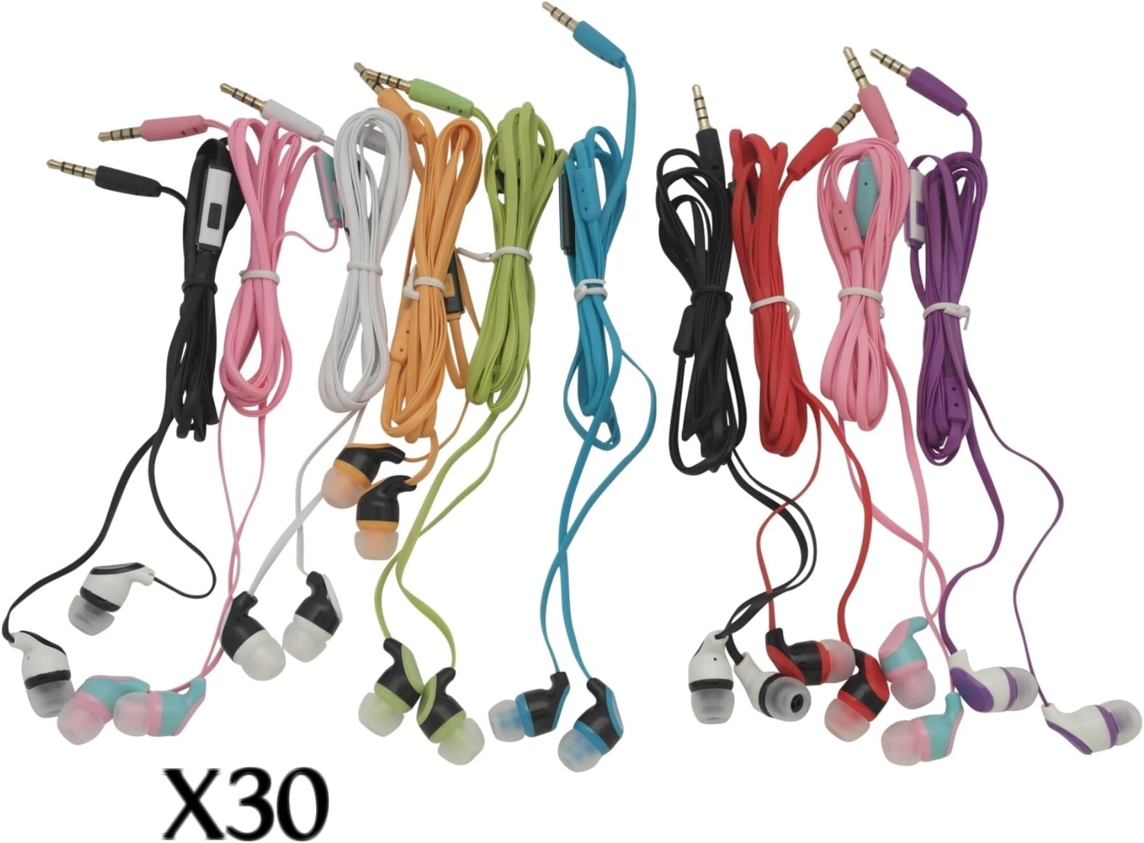 JustJamz30× Multipack Wired Earbuds with Microphone | for Schools, Libraries, Museums, etc. | 8 Assorted Colors of Headphones with Microphone | Affordable 3.5 mm Headphones for Kids & Adults