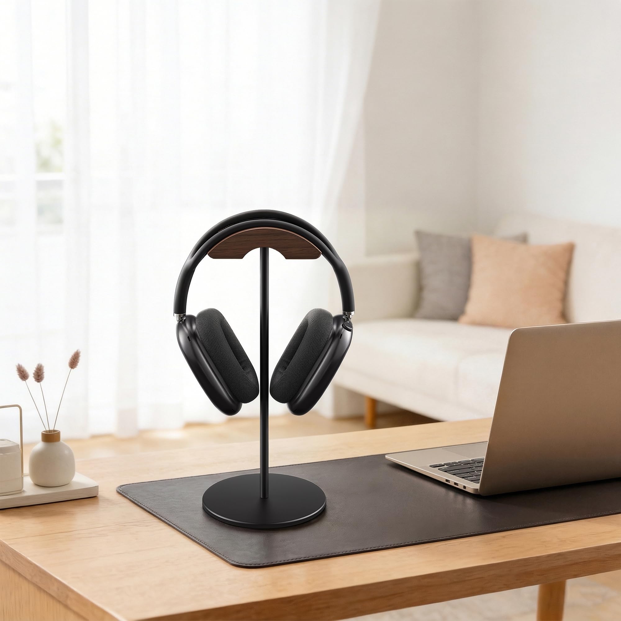 Support Casque, Support des Écouteurs en Noyer et Aluminium, Porte de Casque de Jeu avec Base Solide Lourde pour Toutes Les de Casques (Noir)