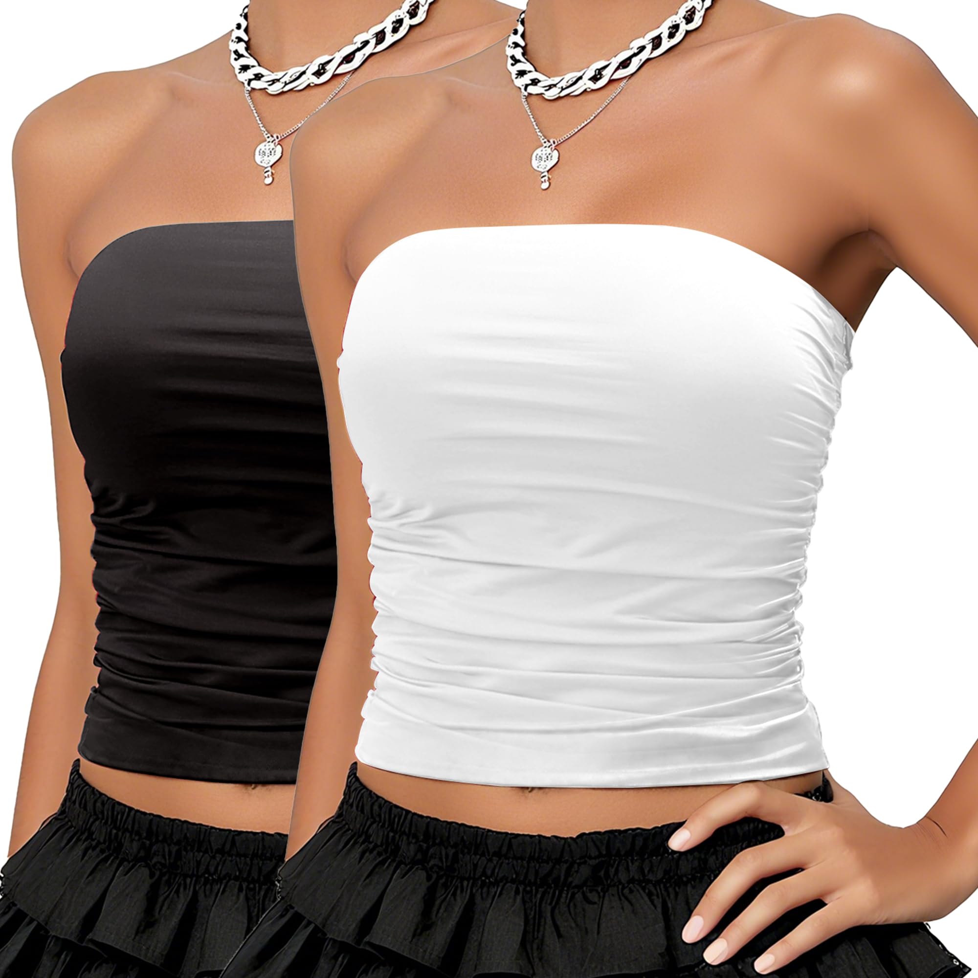 Top a tubo in raso da donna, elasticizzato, estivo, senza spalline, increspato a doppio strato, per uscire, confezione da 2