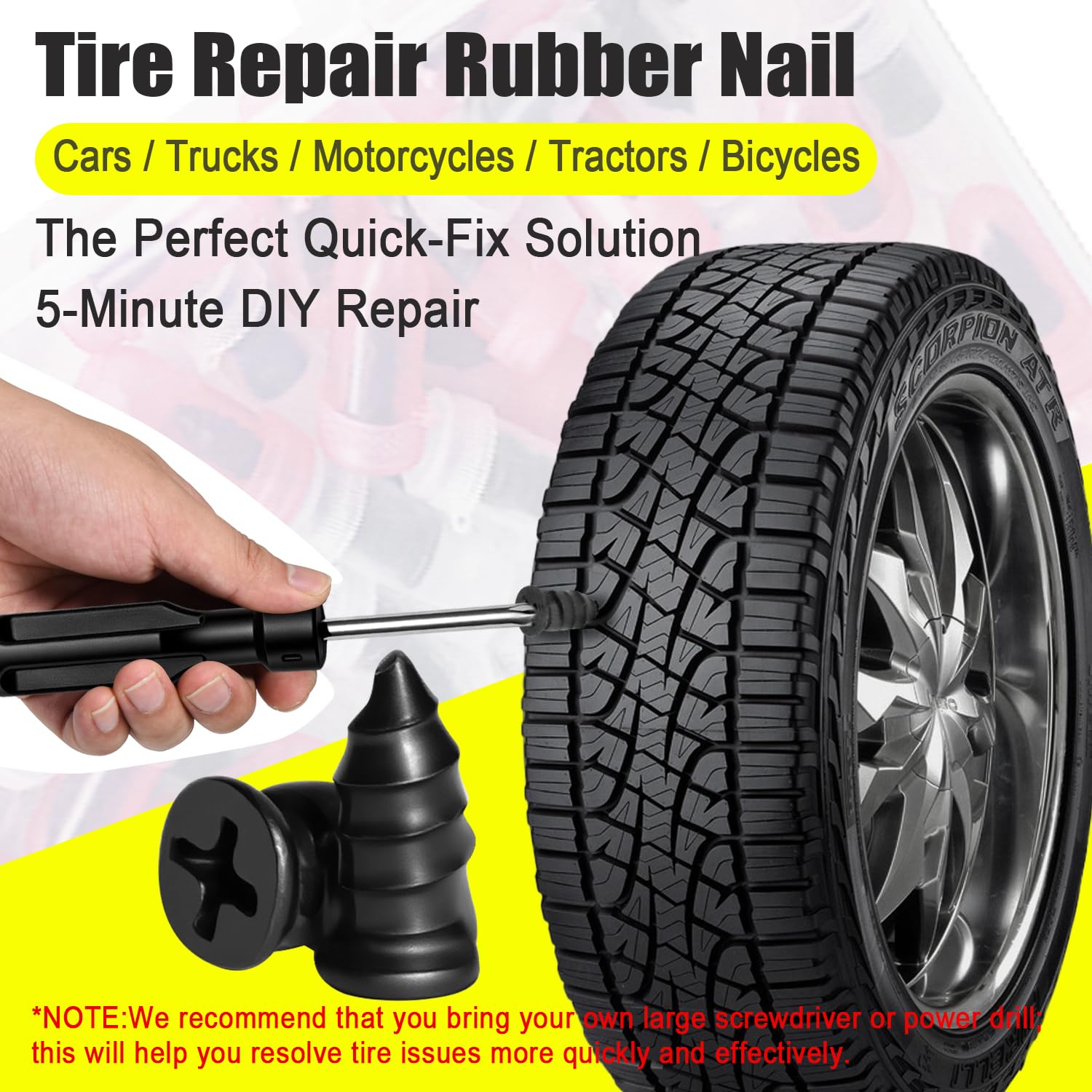 61 PCS Tire Plugs Screw Type, Reliable Screw in Tire Repair Plugs with a Screwdriver, Quick Tool Tire Plugs, Screw Tire Plug Kit, Tire patch kit for cars, motorcycles, trucks, tractors, and bicycles - 3