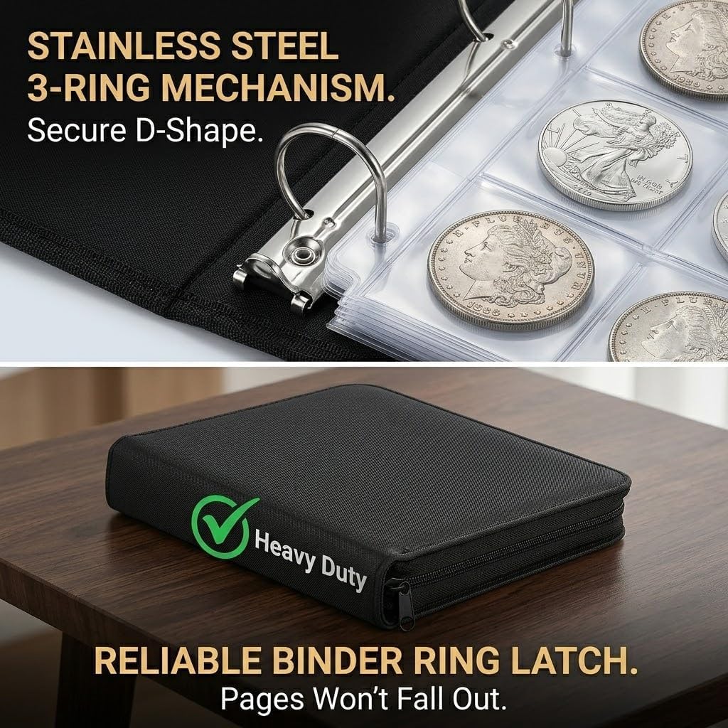 2000℉ Fireproof Coin Collection Book Holder with Magnifying Glass, 312 Pocket 3-Ring Coin Album Organizer with Flaps, Paper Money Storage Case Binder Currency Collecting Supplies (Black)
