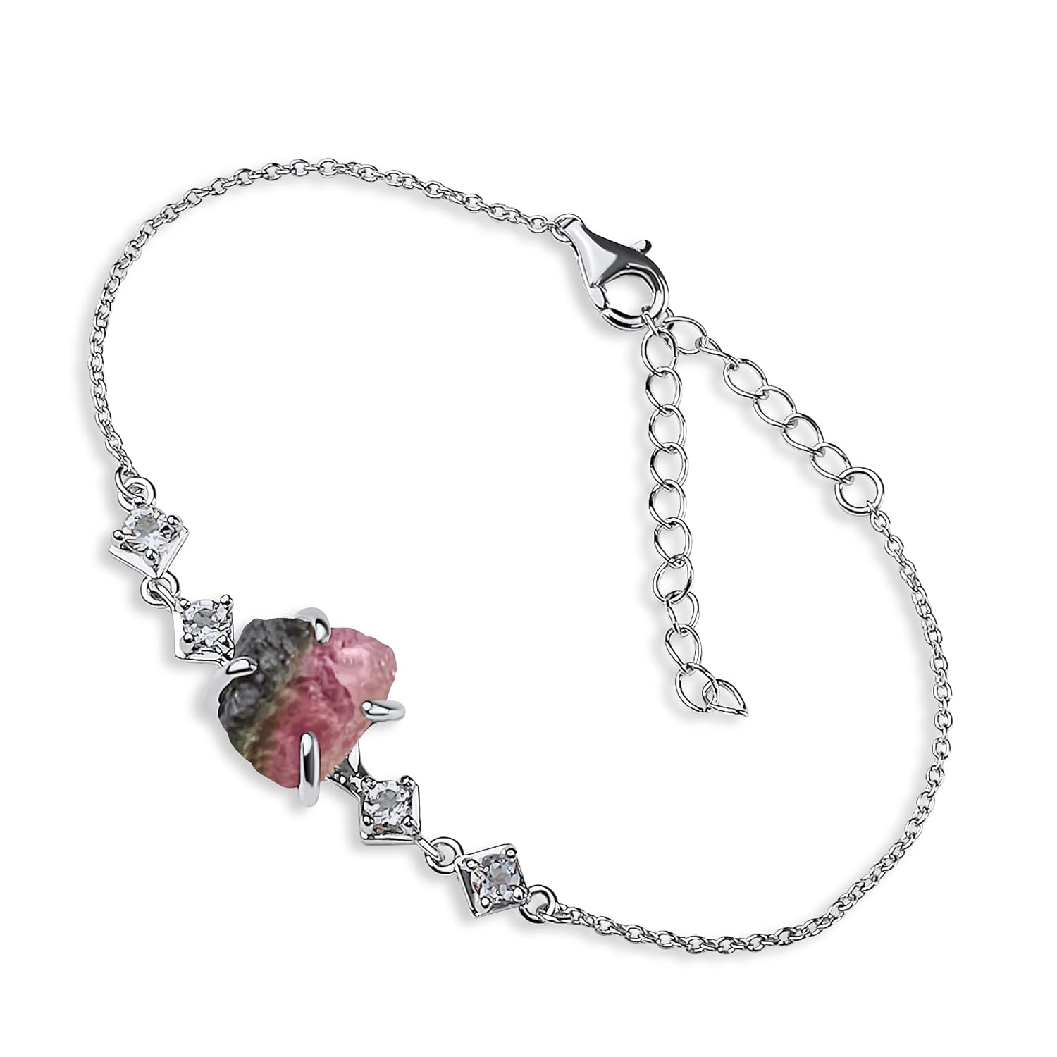Raw watermelon tourmaline Crystal Chain Bracelet october Birthstone Gift for Her on Valentine Birthday Christmas Anniversary Mothers day Uniquelan Jewelry (watermelon-tourmaline, white-gold)