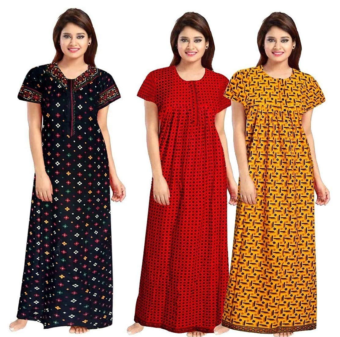 kbnbj Women’s Cotton Printed Maxi Nighty (Pack of 3) – Ankle-Length Night Dress Gown, Soft & Comfortable Sleepwear, Free Size-picture-11