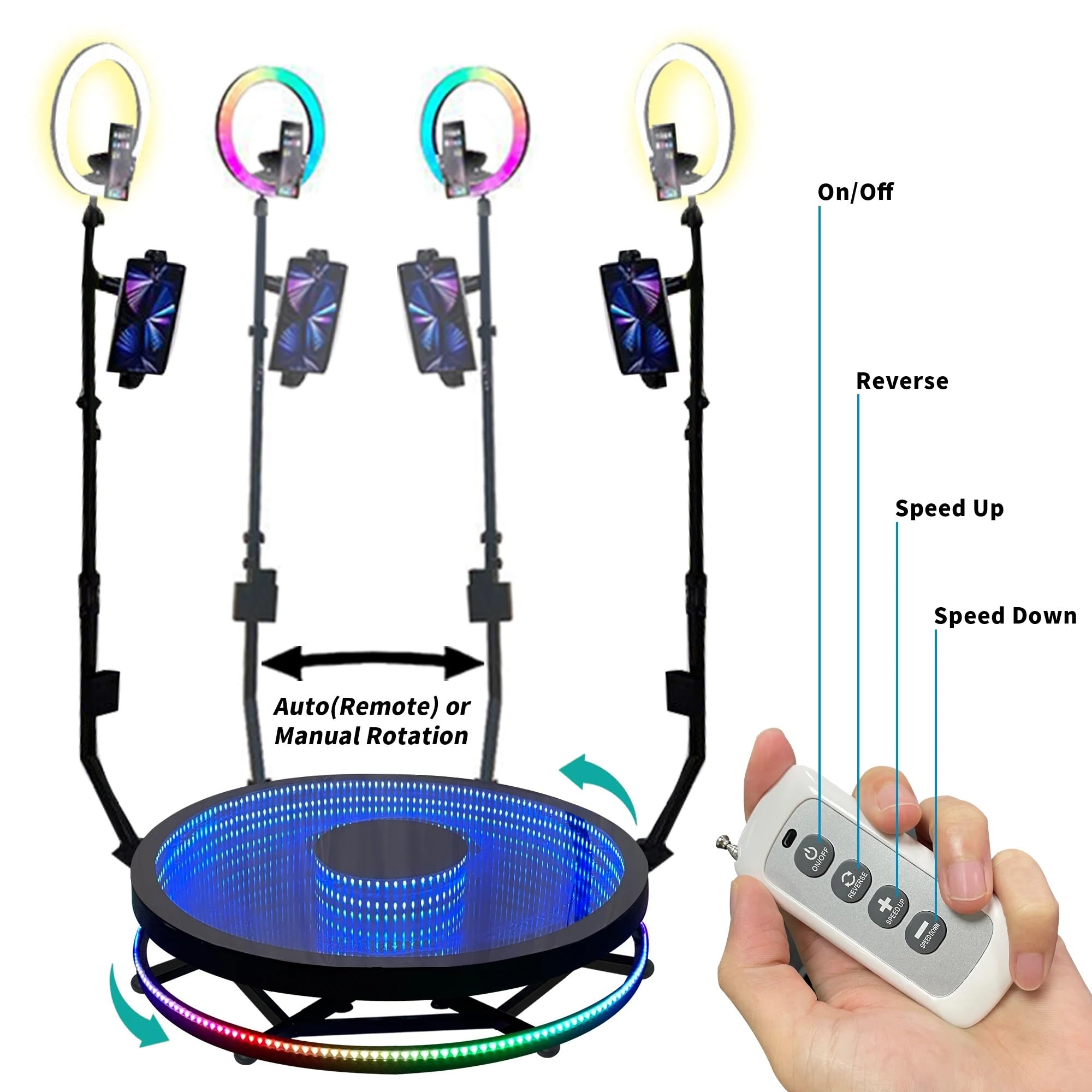 Photo Booth 360 con piattaforma per selfie, APP e telecomando, luce ad anello RGB, rallentatore automatico, cabina video rotante con custodia per matrimoni ed eventi