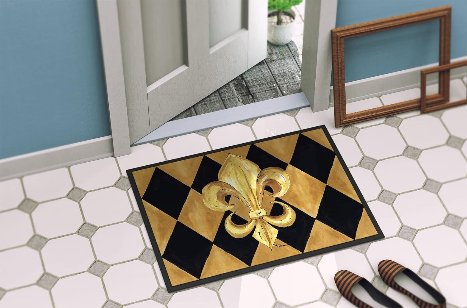 Caroline's Treasures 8125-JMAT Black and Gold Fleur de lis New Orleans Doormat 24x36 Front Door Mat Indoor Outdoor Rugs for Entryway, Non Slip Washable Low Pile, 24H X 36W