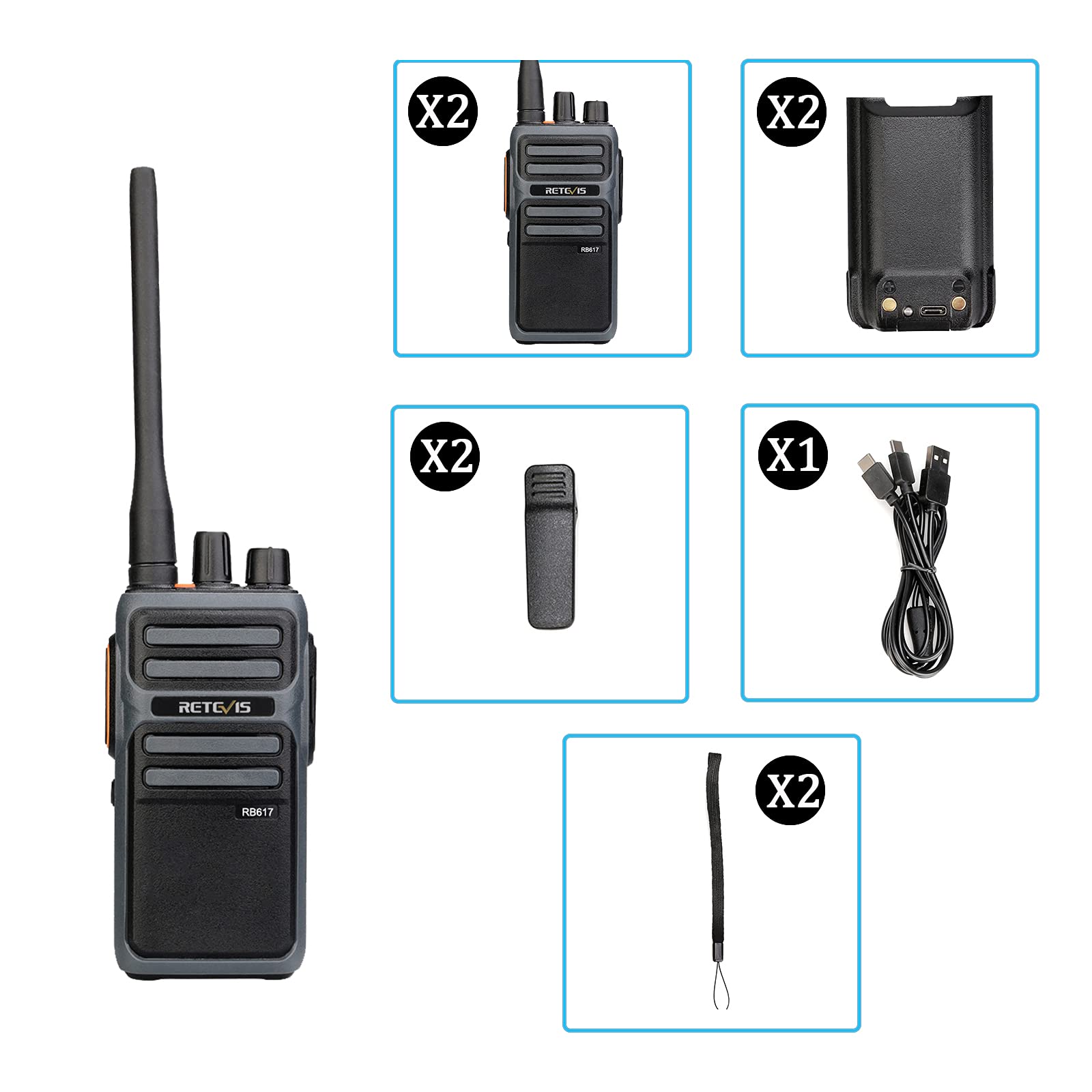 Retevis RB617 Walkie Talkie Ricaricabile, Ricetrasmittenti Professionali 4400mAh con Cavo USB Type-C 2 in 1, VOX, Allarme di Emergenza, Walkie-Talkie per Famiglia, Ristorante(Nero e Grigio, 2 Pezzi)
