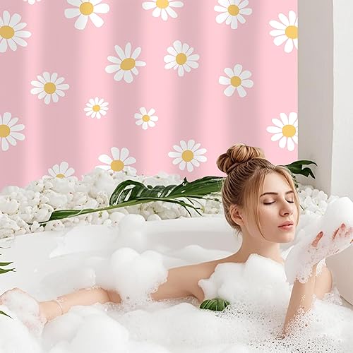 Miniatura 6 de Cortina de ducha con flores de margaritas rosas florales, cortinas de ducha de baño, decoración del hogar, tela impermeable lavable a máquina con 12