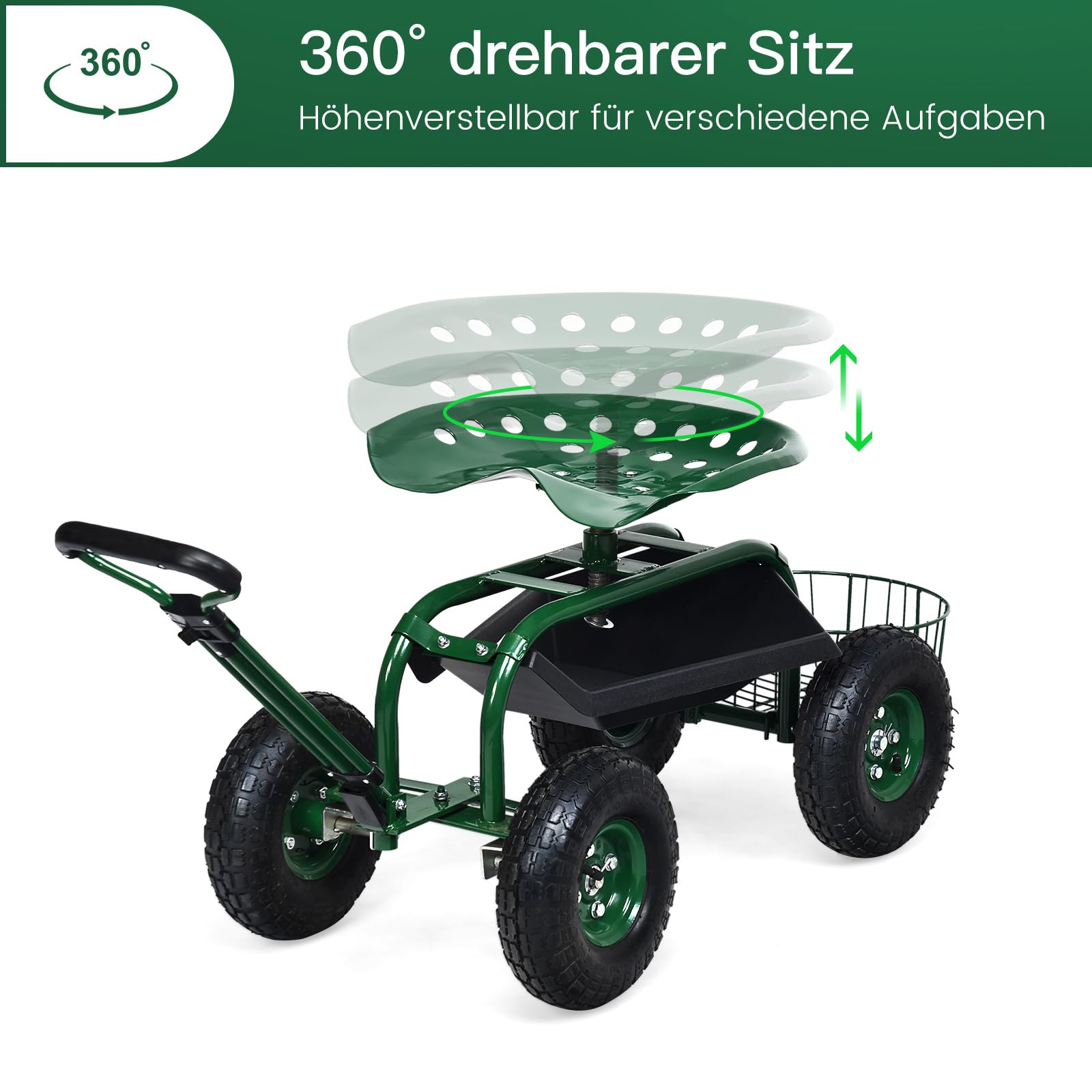 GOPLUS Gartenwagen, 360° drehbarer Gartensitz mit ausziehbarem Griff, Gartenhocker mit Ablage & Korb,Sitz höhenverstellbar, bis 150 kg belastbar, Rollsitz für Gartenarbeit (96,5 x 48,5 x 45,5-54,5 cm)