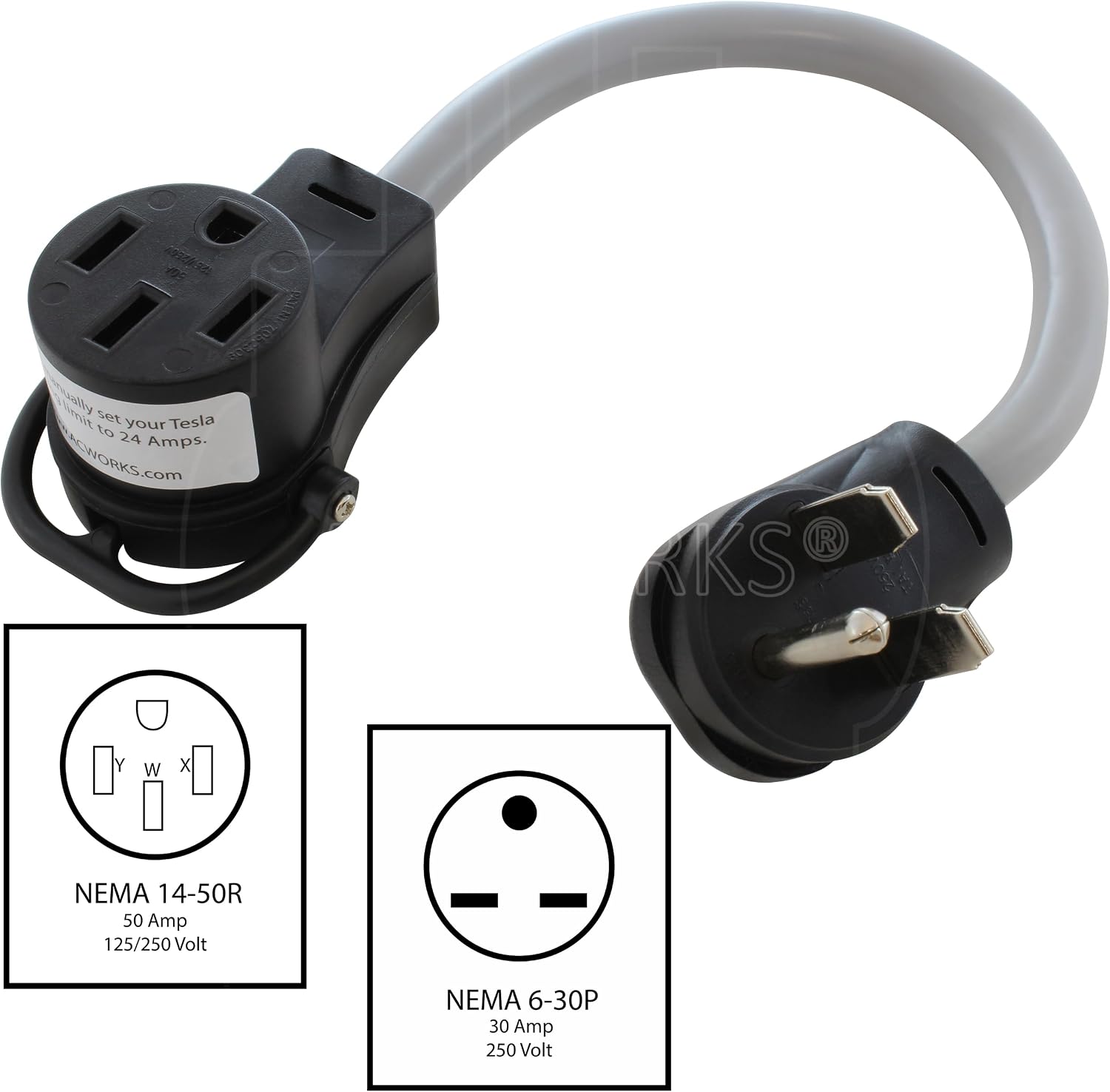 AC WORKS Electric Vehicle Charging Adapter for Tesla Use (6-30 30A 250V AC Unit to Tesla)