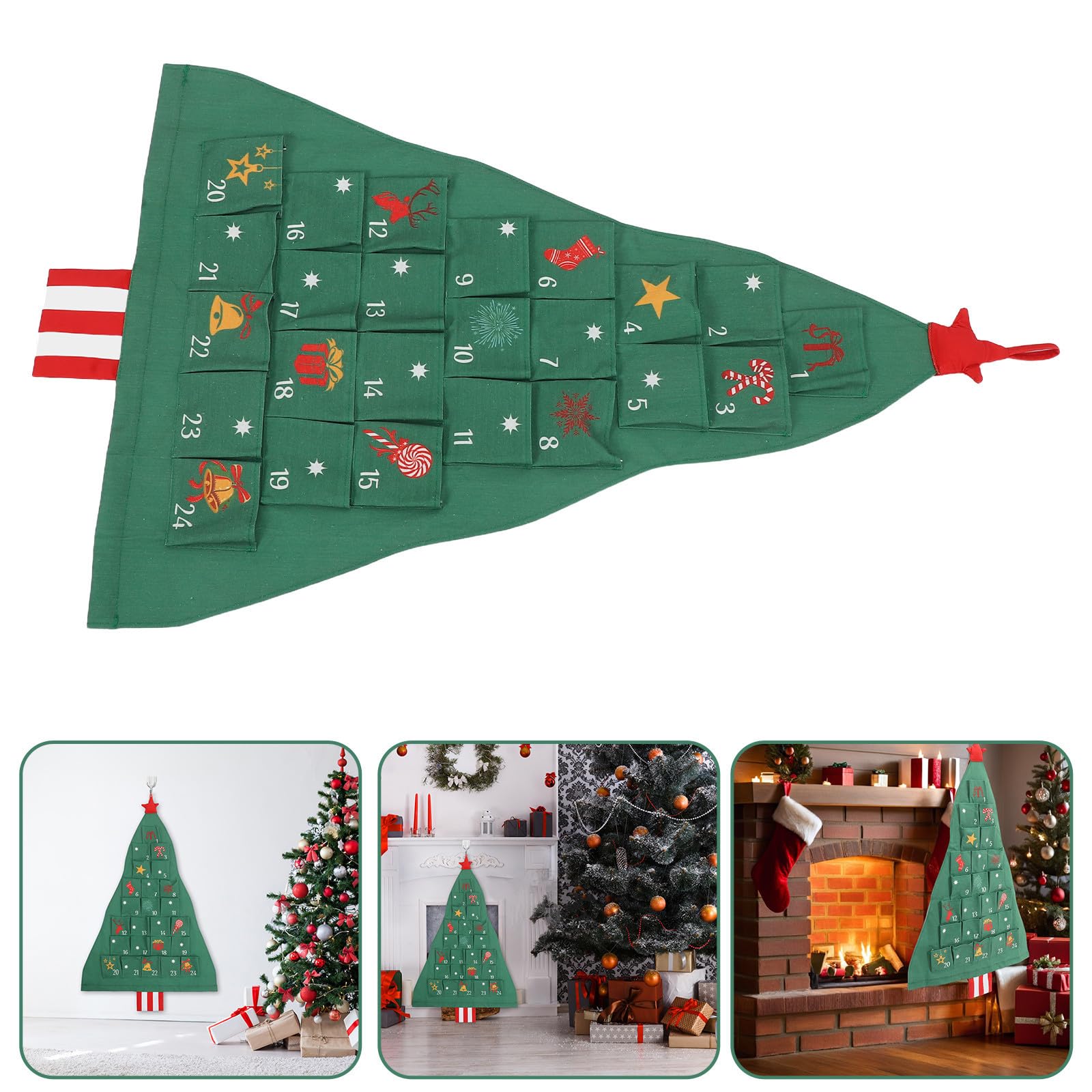 NUOBESTY 3 Sets Weihnachtsbaum Adventskalender mit 24 Taschen aus Baumwolle | Türhänger mit Holzdetails, Nummerierte Fächer, Platzsparende Aufbewahrung