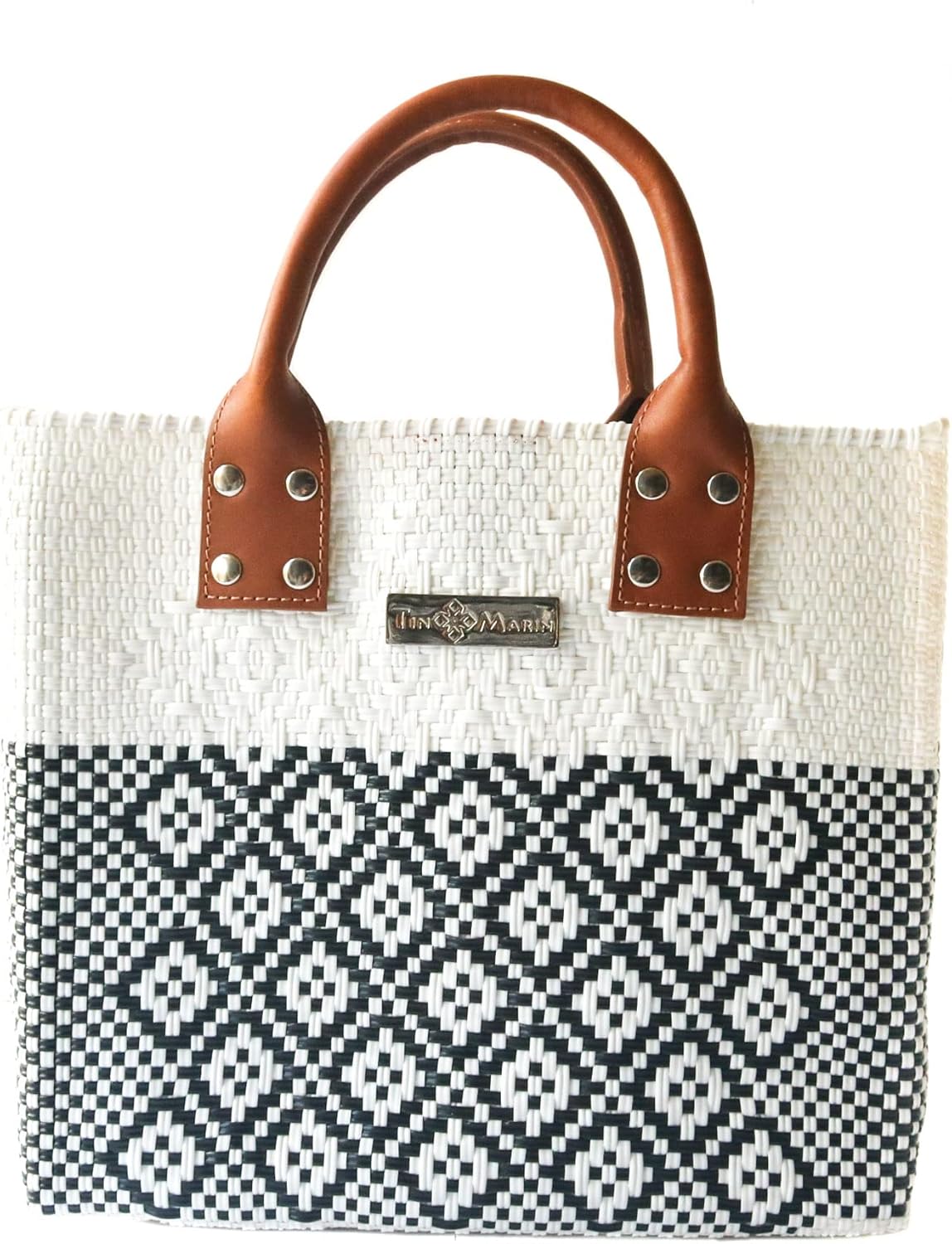 Tin Marin White Large Woven Crossbody Bag - Tan Leather Handles & Crossbody Strap, Handwoven Recycled Plastic Purse, Oaxaca Mexican Woven Tote, Summer Bag, Work Bag, Everyday Purse
