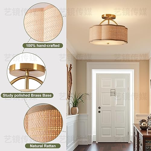 Miniatura 5 de Lámpara de techo semiempotrada de ratán de 13 pulgadas, 3 luces, estilo bohemio, mini lámpara de techo para pasillo, entrada, cocina, baño,