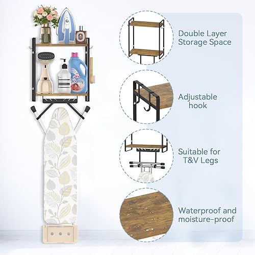Miniatura 3 de EsLuker.ly Soporte para tabla de planchar de 2 niveles para montaje en pared, organizador de tabla de hierro con ganchos extraíbles, estantes de