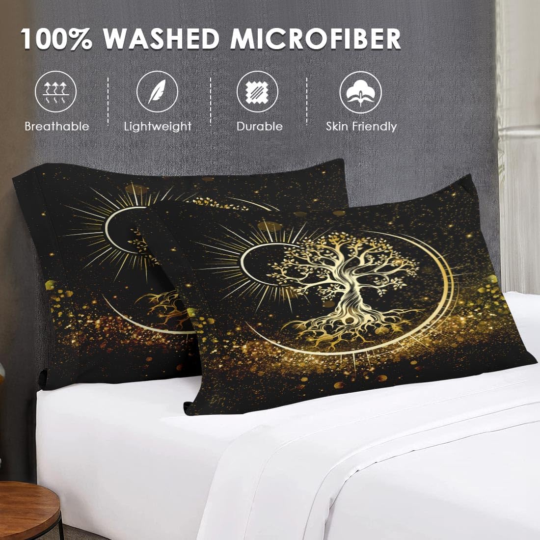 WeCozy Queen Size Comforter Set with 2 Pillowcases, Nature Tree of Life 3 Pcs Bedding for Kids and Adults, Black Sun and Moon Soft Comforter Set for Bedroom Bed Decor