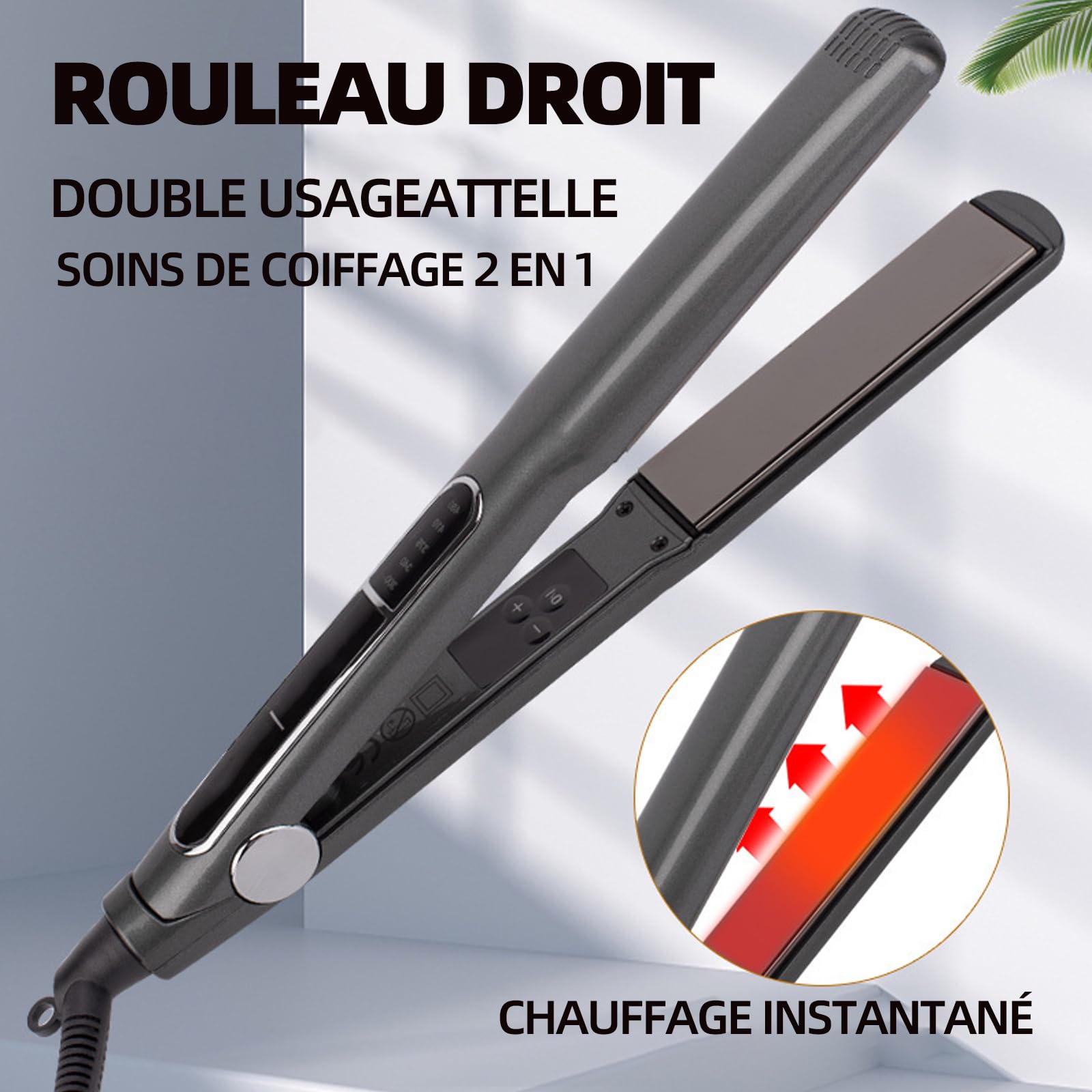 Lisseur Cheveux 2-en-1 143W 480 Fahrenheit plaque serrage à chauffage rapide fer à boucler pelucheux lisseur coiffure portable