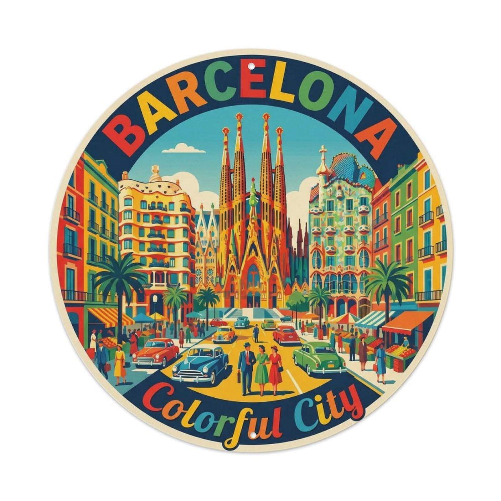 Spanish Barcelona Colorful Catalan Classic Travel Landmark Metal Tin Sign Plaque Wall Decor for Cafe, Man Cave, Club Bar, Office, Home Garden Round Metal Poster 8x8Inch