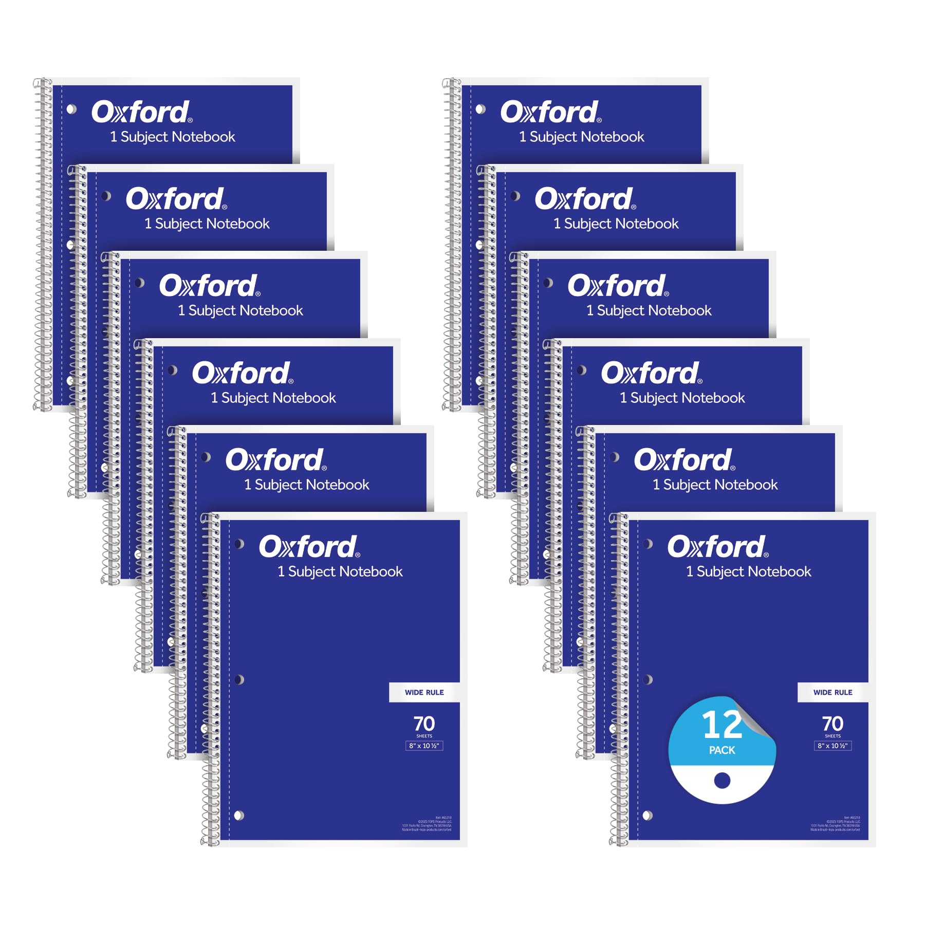 Oxford Cuaderno en espiral, paquete de 12, 1 materia, papel rayado ancho, 8 x 10-1/2 pulgadas, tapas azules, 70 hojas perforadas (65218)