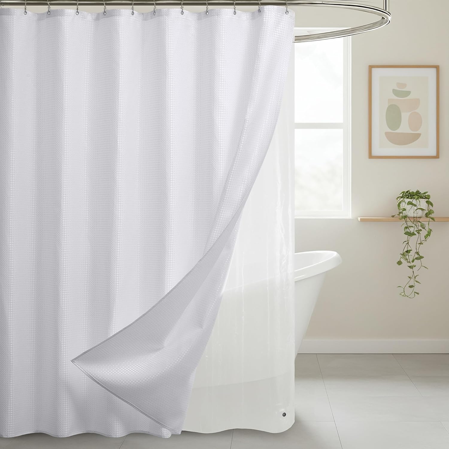 3 in 1 Shower Curtain Set, Waffle Shower Curtain and Liner Set with 12 Double Sided Shower Curtain Hooks, 72 x 84 Fabric Shower Curtains for Bathroom, White