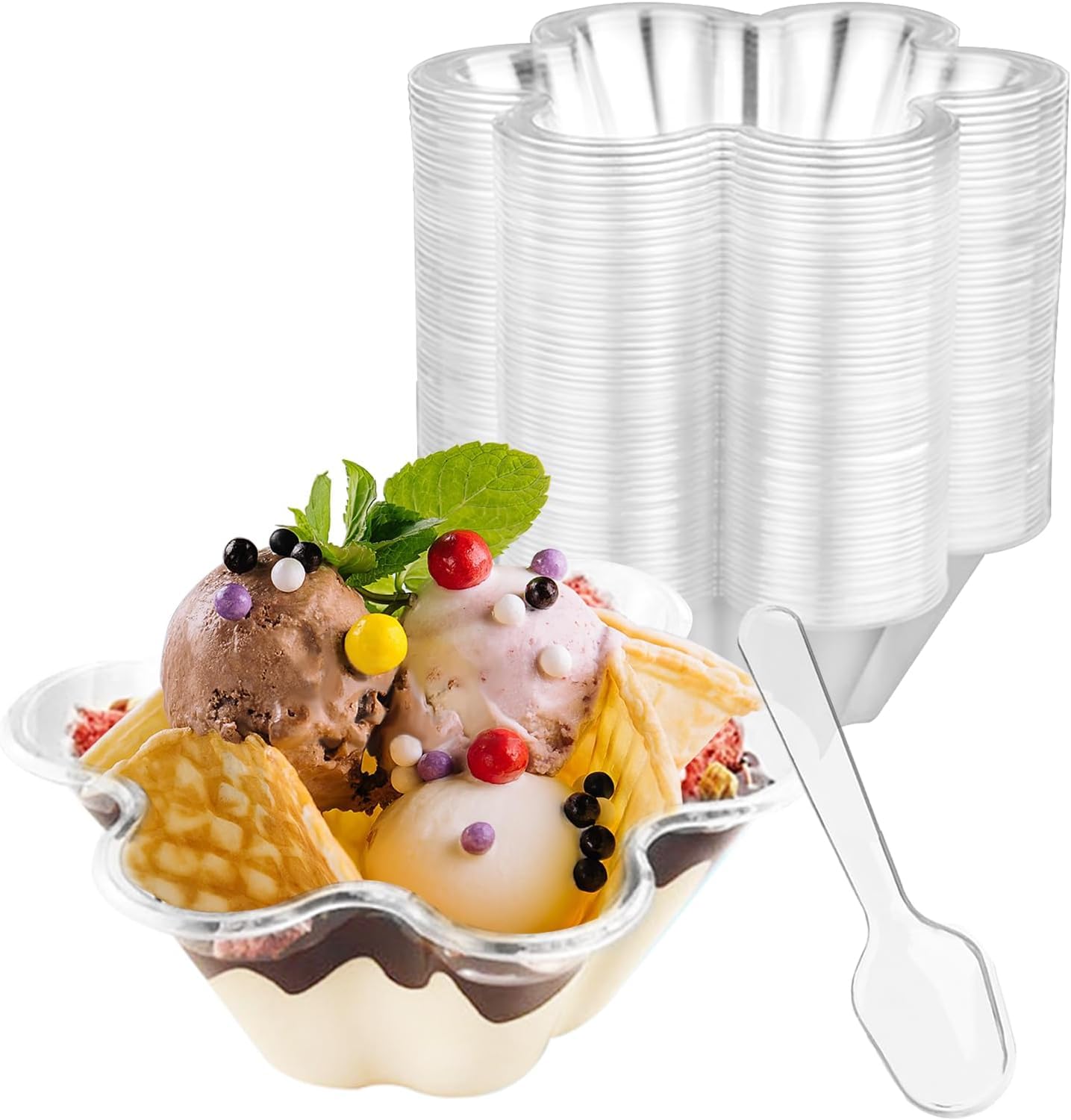 LATERN 60 Pièces Coupes à Dessert en Plastique avec Cuillères, 240ml Tasses à Dessert en Forme de Fleur Gobelets Transparentes pour Apéritifs Bols de Service Réutilisables pour Pudding Mousse Fête