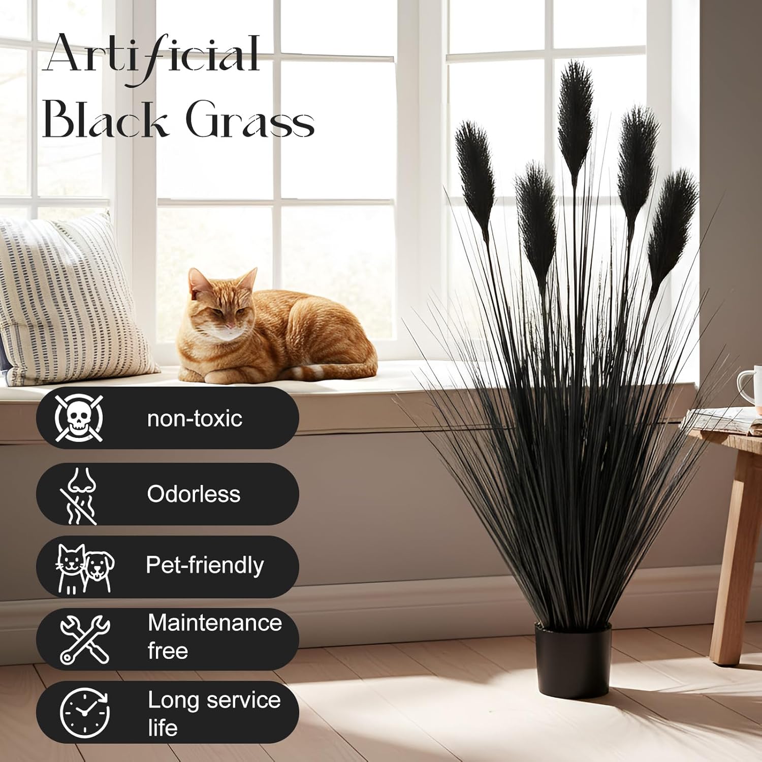 Jexine 2 Pcs 4 ft Tall Artificial Grass Plant Fake Black Pampas Grass Artificial Horsetail Floor Plants Faux Feather Reed Potted for Housewarming Gift House Garden Bathroom Lobby Outdoor Decoration