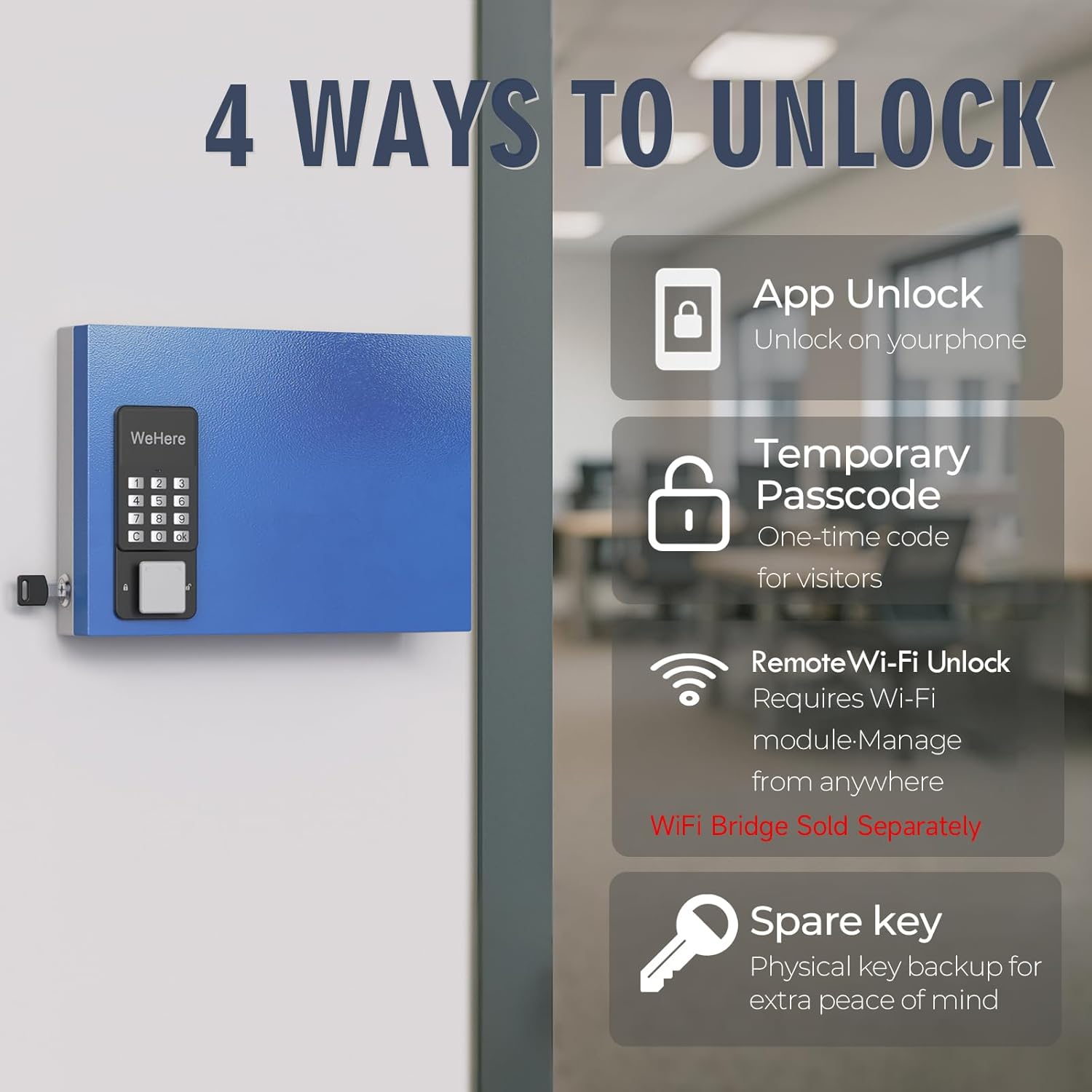 WeHere 16-Key Key Lock Box – Smart Key Cabinet Wall Mount with App, Keypad, Bluetooth & WiFi Unlock (Sold Separately), Key Organizer for Home, Access Log Tracking Key Management for Small Office