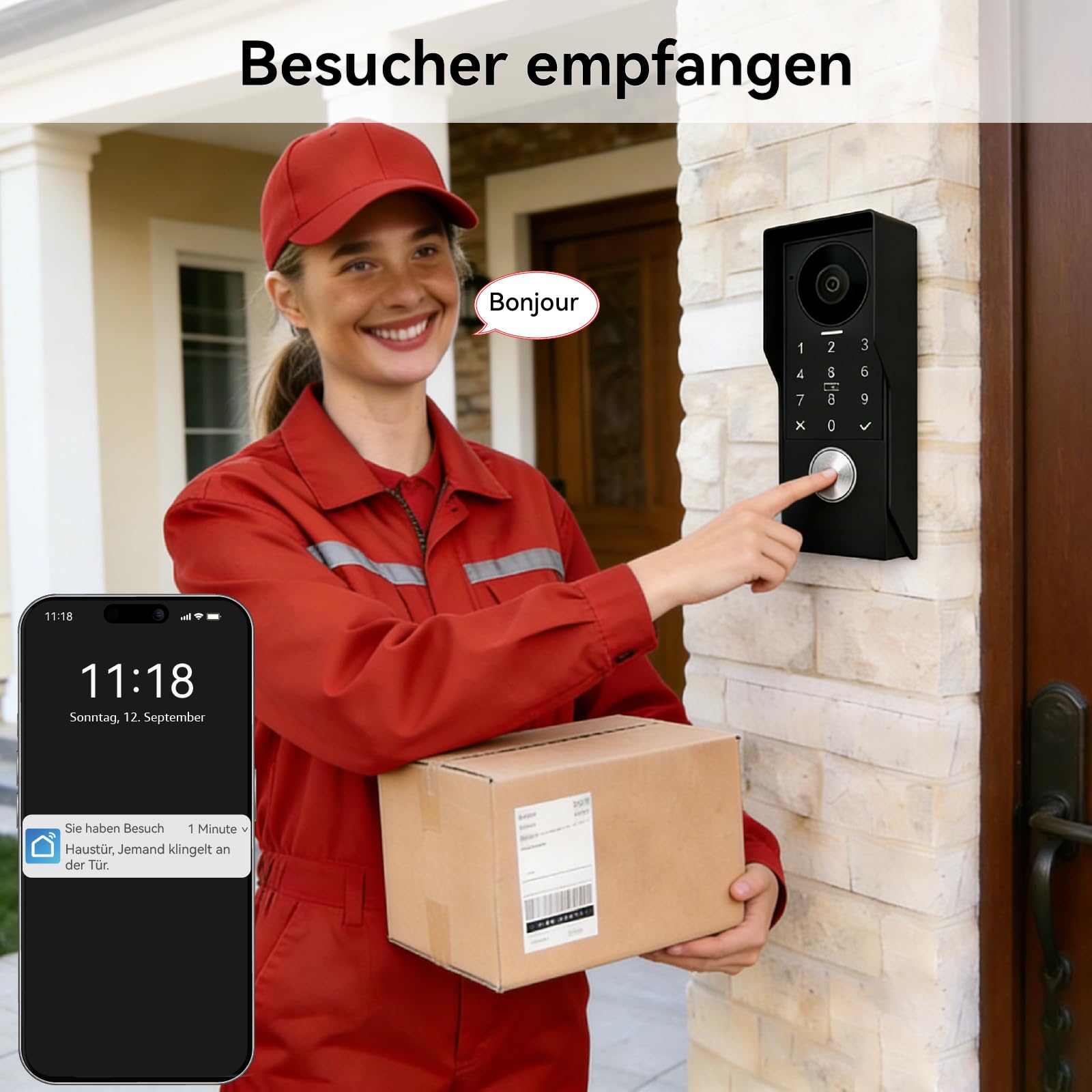 Video Türsprechanlage 2 Draht, Türklingel mit Kamera, Full HD Kamera,Türsprechanlage unterstützt Passwort, 7" Farb-Touchscreen und 2-Wege-Audio, Smartphone app, Bewegungserkennung