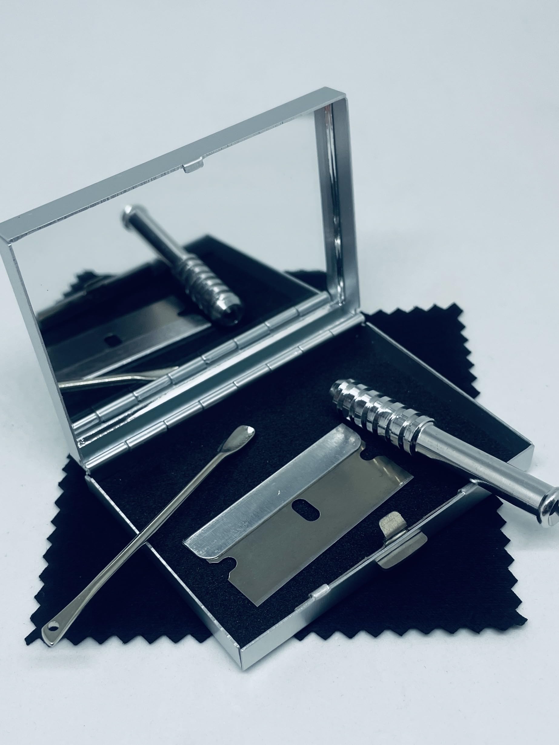 Silberfarbenes Metall-Spiegelbox-Set – Schnupftabak-Set