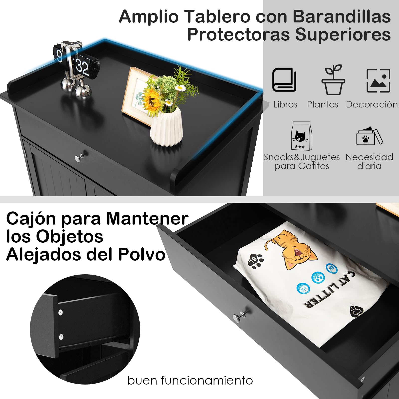 GOPLUS 3 en 1 Mueble Arenero para Gatos, Caja de Arena para Gatos con Cajones, Aseo Cerrado para Gato con Puertas Dobles y Agujeros, Casa de Mascotas Interior, Mesa Auxiliar con Lavabo Oculto (Negro)