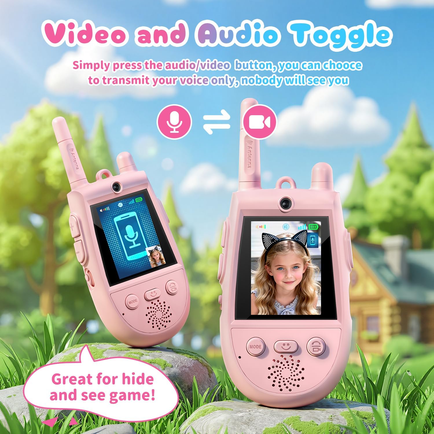 2 Pack Walkie Talkies for Kids, Rechargeable Kids Video Walkie Talkies with Camera & Voice Changer, Long Range Video Chat Toy for Age 3-12, Indoor, Outdoor Play Camping Hiking Games (Pink/Pink)