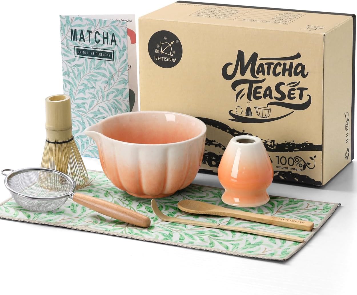 Matcha Whisk Set, 7 Pcs, Matcha Kit Includes Matcha Bowl, Matcha Whisk and Holder, Bamboo Scoop, Spoon, Sifter and Tea Towel, Matcha Set, Gift for Matcha Lovers & Beginners (Gradient Orange)