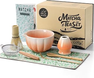 Matcha Whisk Set, 7 Pcs, Matcha Kit Includes Matcha Bowl, Matcha Whisk and Holder, Bamboo Scoop, Spoon, Sifter and Tea Towel, Matcha Set, Gift for Matcha Lovers & Beginners (Gradient Orange)