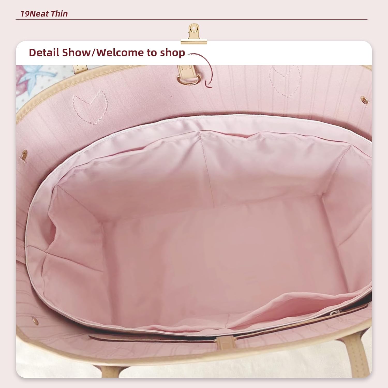 Tote Bag Insert Fit for LV Neverfull MM, Waterproof Surface and Silky Satin Interior (With Zipper and Bottle Holder, Pink)