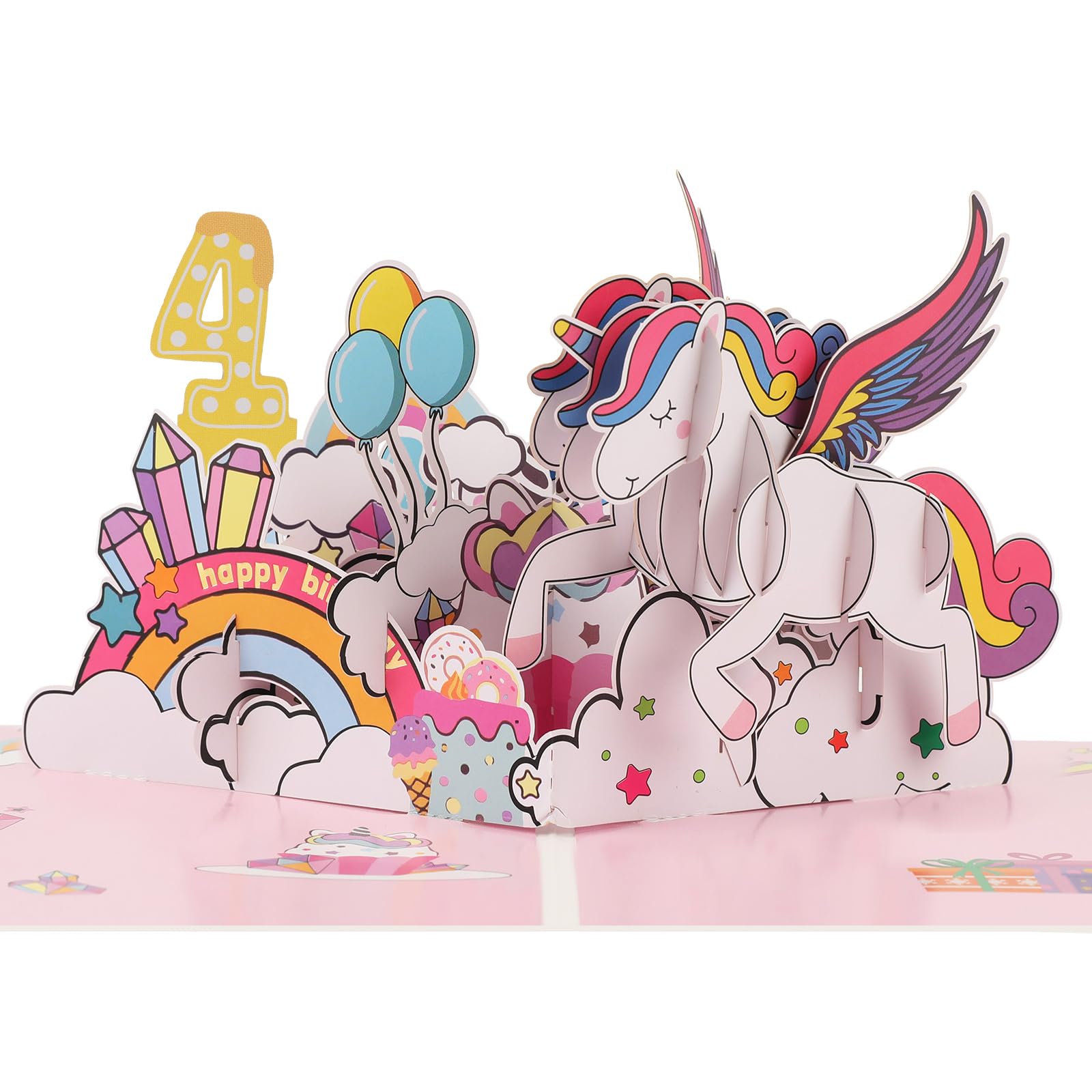 Pop up 4th Birthday Card for Girl, 3D Unicorn Birthday cards for 4-year-old daughter, granddaughter, niece, kids with Envelope & Notecard