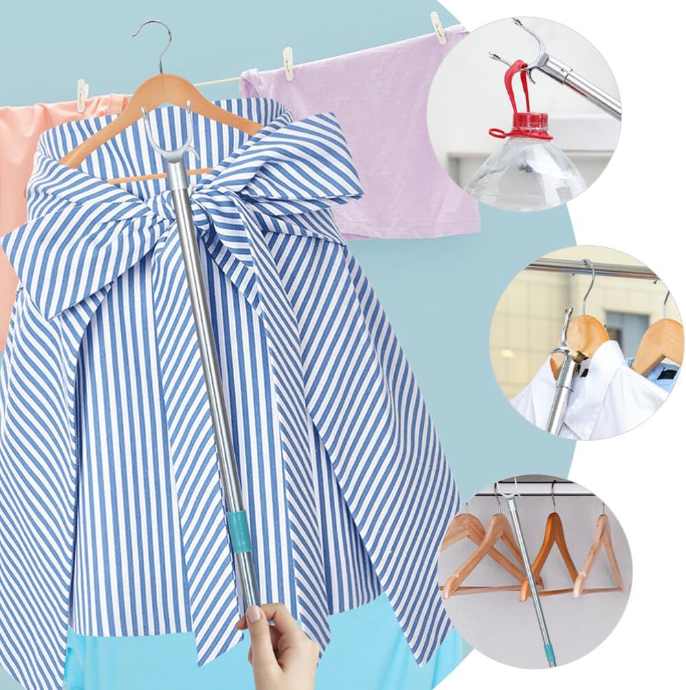 Clothesline Pole Retractable Reach Rod for Balcony and Closet High Reach Garment Hook Sturdy Design for Hanging Total Style