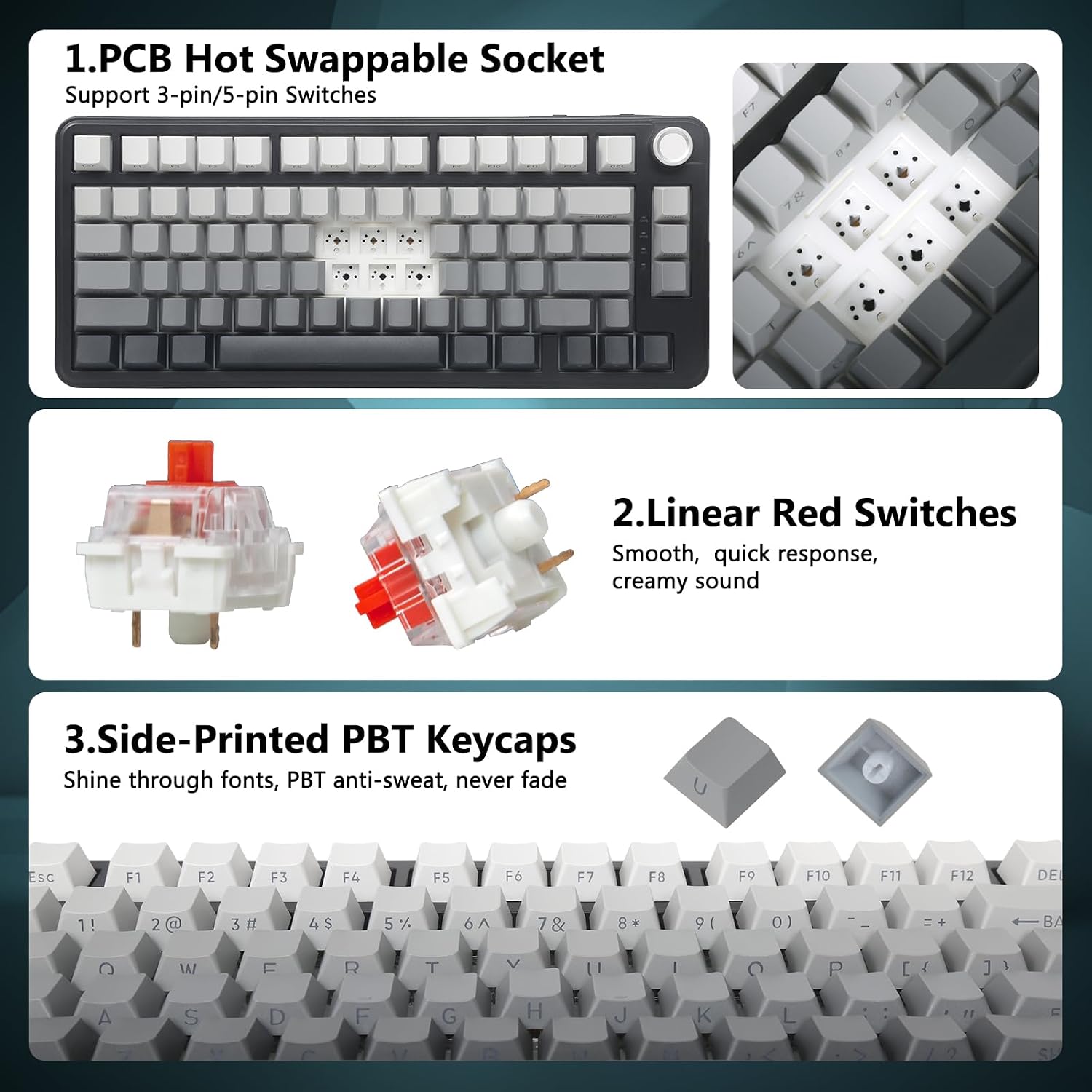 Close-up of side-printed PBT keycaps, highlighting their durability and backlight compatibility.