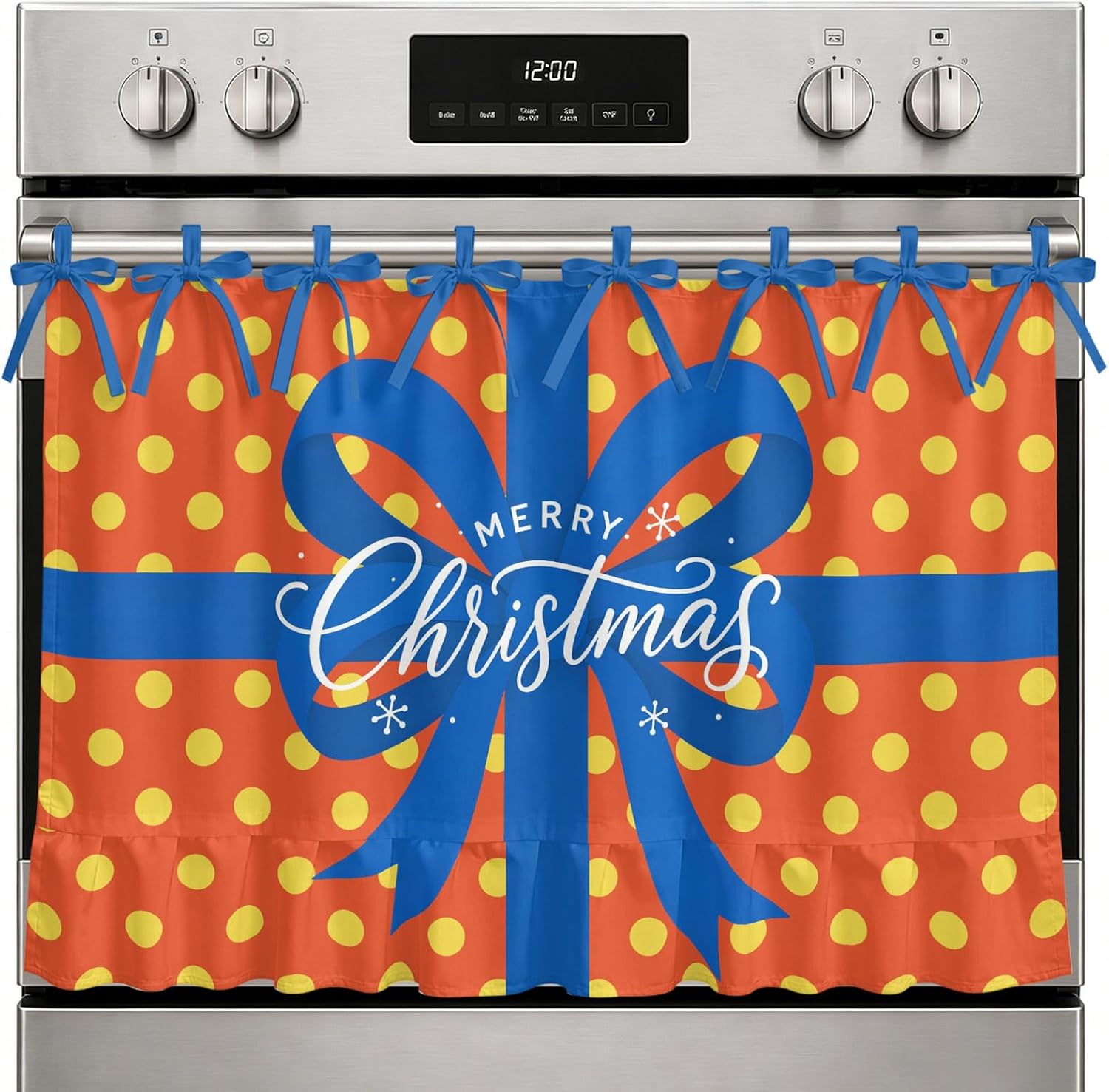 Merry Christmas Oven Curtain with Tie Top, Minimalist Blue Ribbon Bow Orange Polka Dot Oven Skirt Curtains with Tie Top Cabinet Cover Curtain for Small Kitchen Apartment Decor 27 x 20 Inches