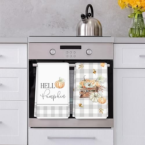 Miniatura 7 de Toalla de cocina de otoño de 18 x 28 pulgadas, diseño de hojas de otoño de Hello Pumpkin, paño de cocina gris a cuadros de búfalo decorativo para