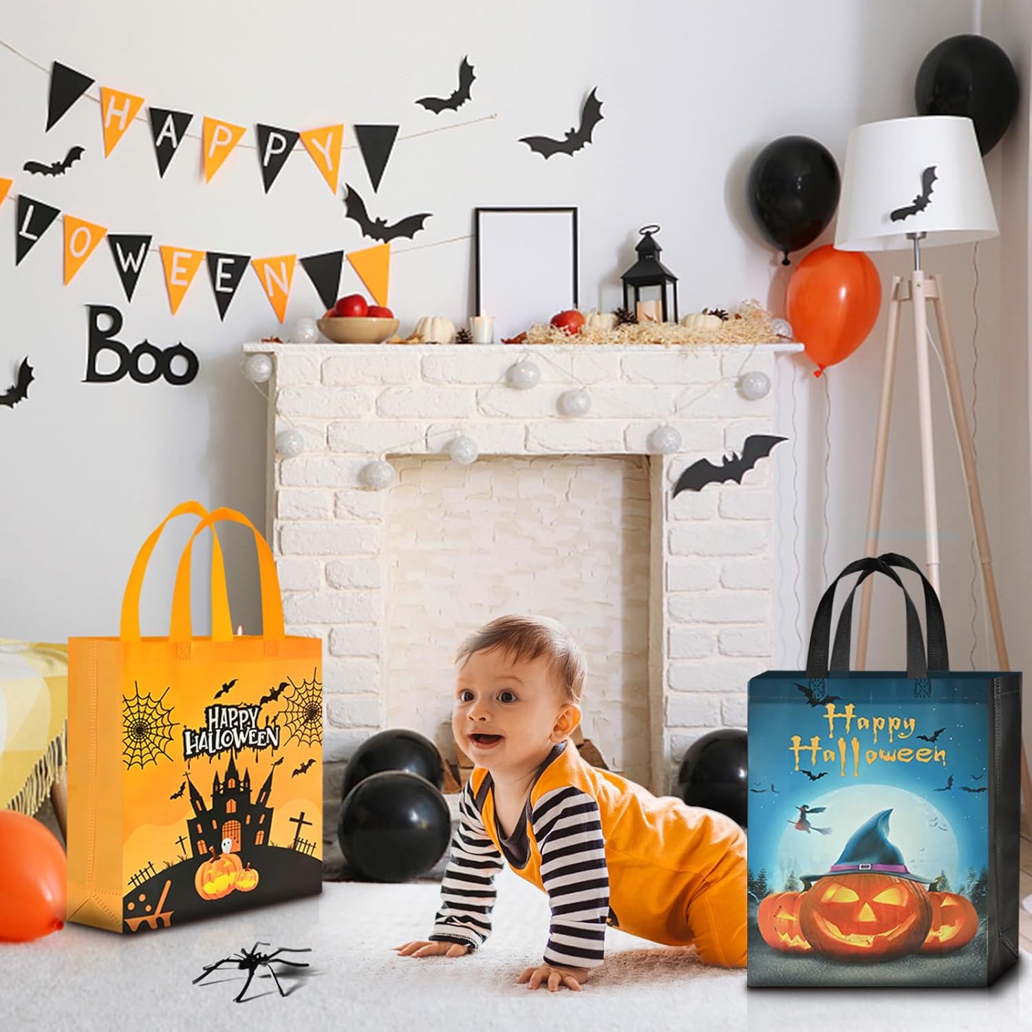 AhfuLife 12 Pcs Halloween Trick or Treat Bags, Large Tote Bags with Handles, Reusable Non-Woven Candy Bag for Halloween Party Supplies Favors (15''×11.8''×3.9’’) - Image 3