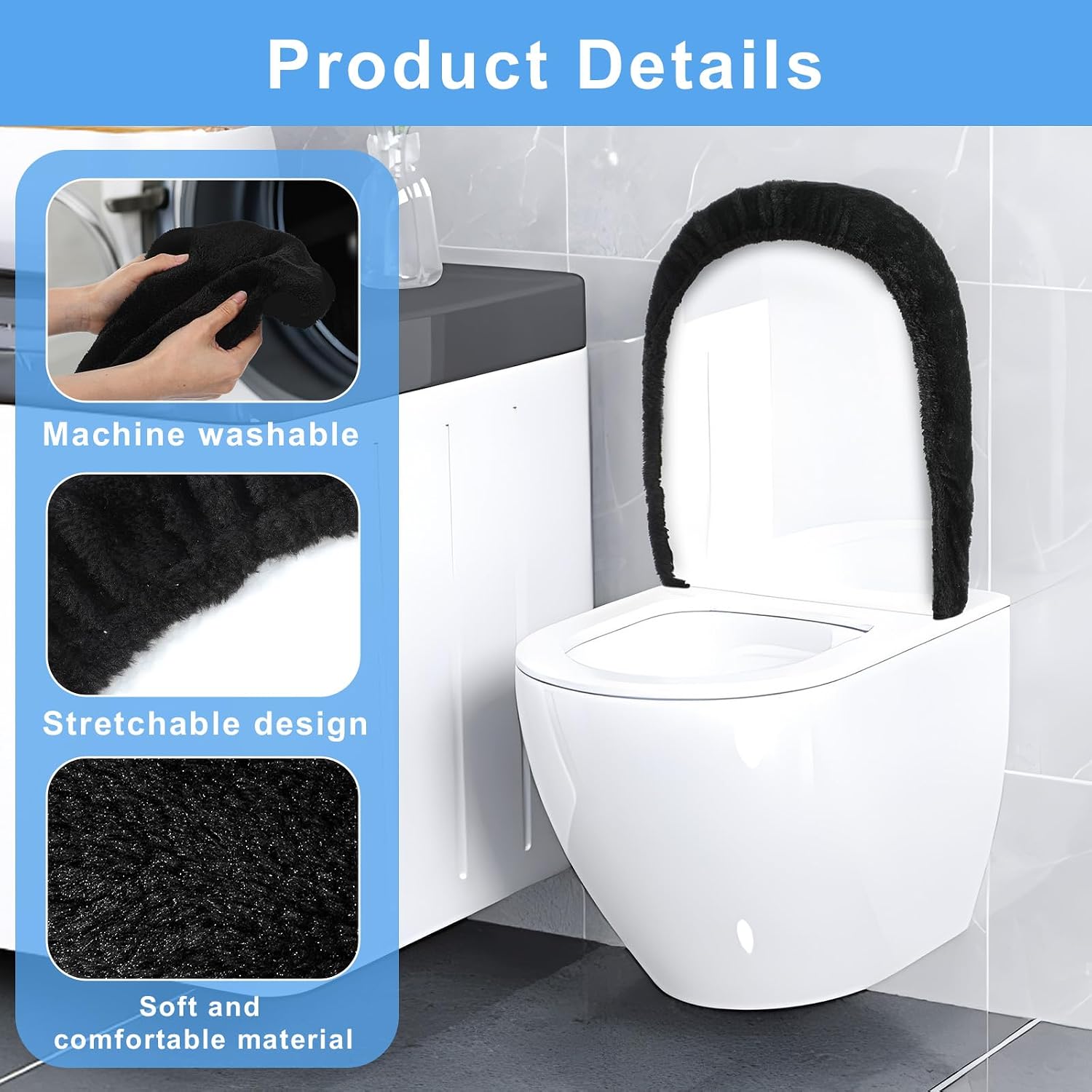 Bremorou Microfiber Toilet Lid Cover Soft Velvet Toilet Cover Machine Washable Absorbent Comfortable Durable Adjustable Toilets Seat Covers Fits Most Toilets Lids Elastic Bottom Fabric Seat (Black)