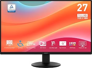 Msi PRO MP272L 27-inch IPS 1920 x 1080 (FHD) Moniteur de bureau de jeu, 100Hz, 1ms, HDMI, DisplayPort, Tilt, 4-Side Lunette mince, noire