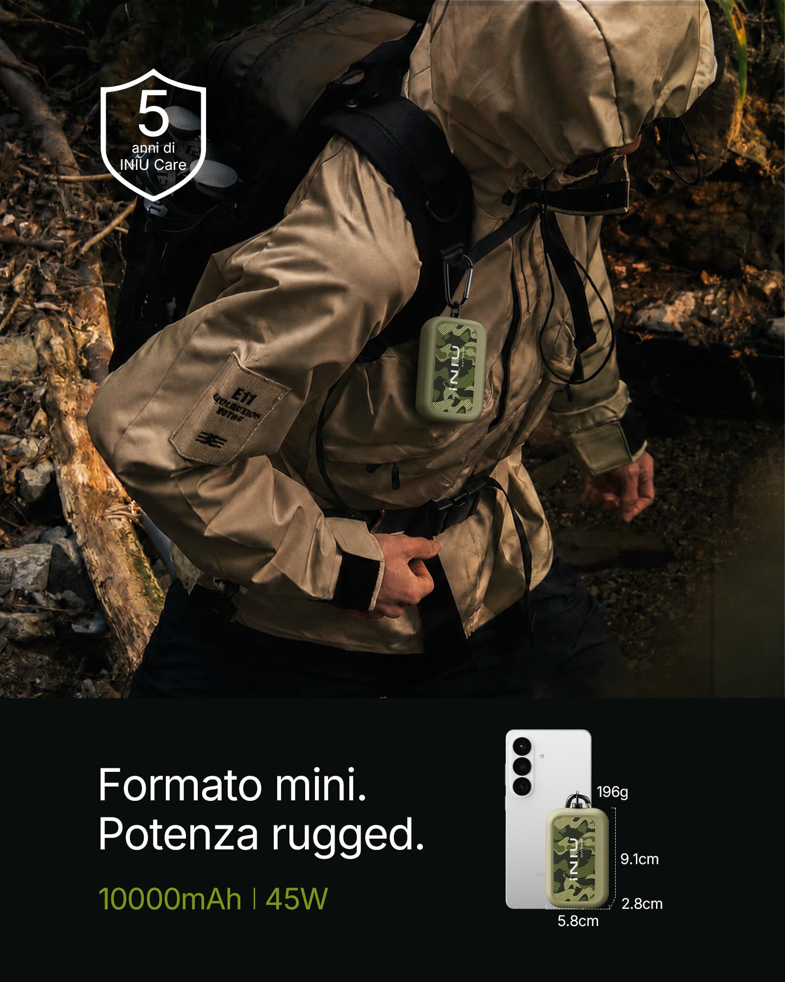 INIU 45W Power Bank, 10000mAh Caricatore Portatile Outdoor Robusto | Batteria per campeggio ed escursioni con moschettone, cavo USB-C e torcia, per iPhone 17 16 Samsung S26 e altro