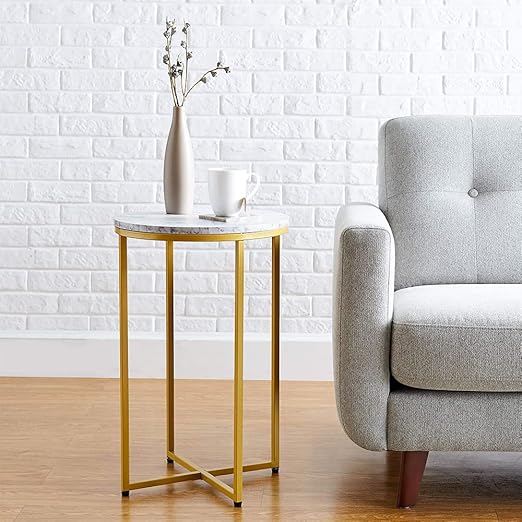 AZL1 Life Concept Concept Modern X-Shaped Small Round Side End Accent Table,Corner Decor/Nightstand for Home Office Living Room Bedroom Marble + Gold, 16 inches, White thumbnail 2