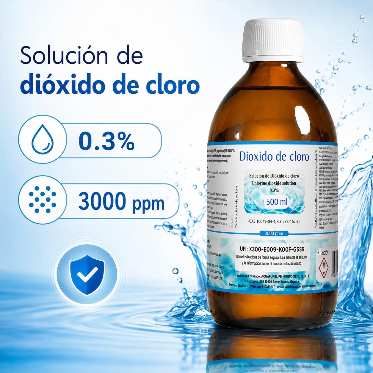 Dioxido de Cloro 3000ppm - CDS 0,3% - Envasado en Botella Cristal Ambar - Fabricado en España (500ml)